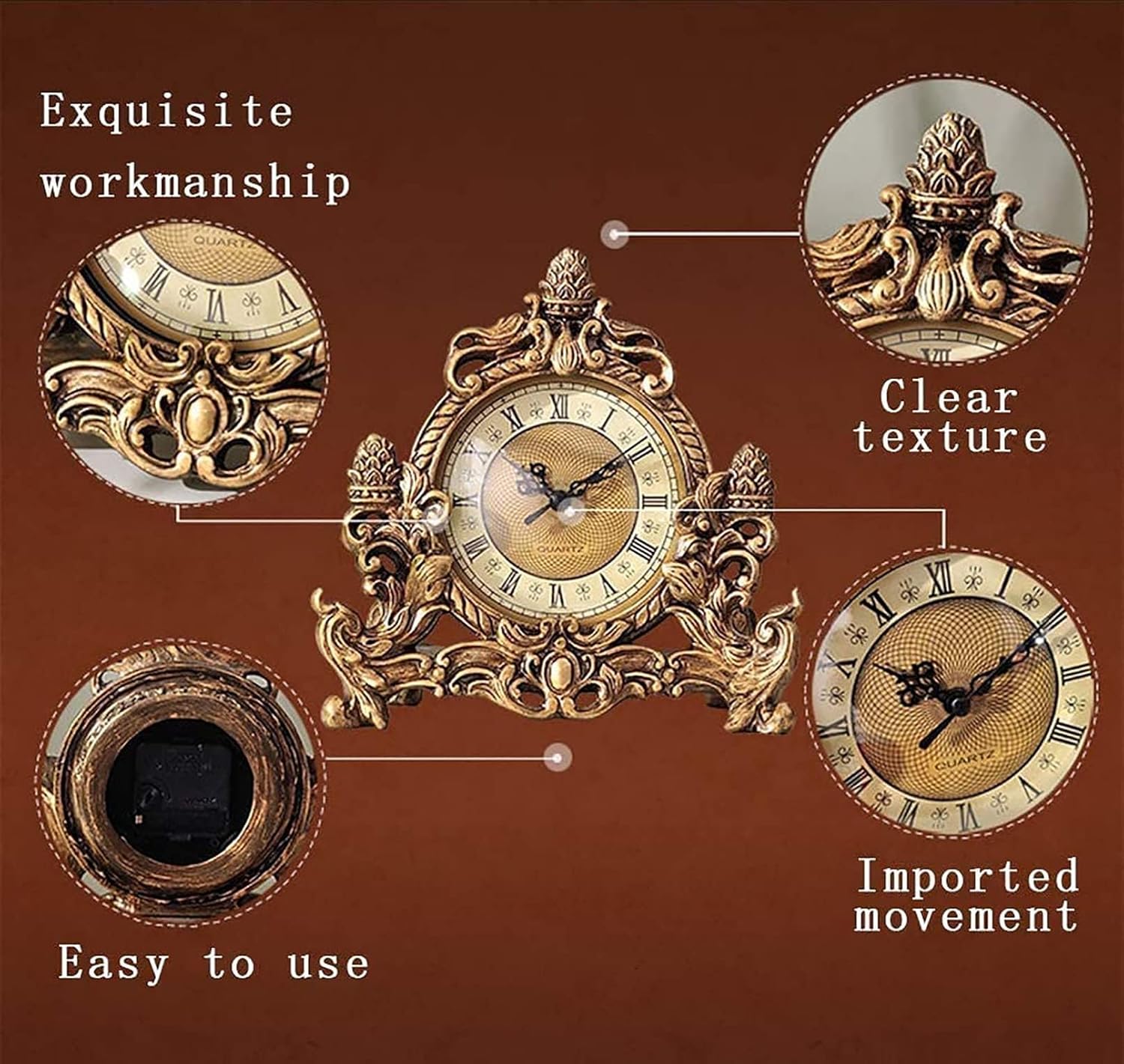 Mantel Clocks, European Retro Table Clock Creative Living Room Resin Desk Clock Ornament Bedroom Study Mute Clock Decorative Crafts