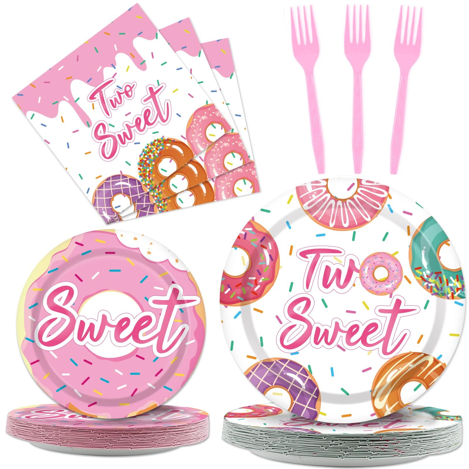 ZOIIWA 96 Pcs Two Sweet Donut Birthday Party Supplies Girls Donut Themed Tableware Table Decor Baby Girl 2nd Birthday Paper Plates Napkins Disposable Dinnerware Party Favor for Baby Shower 24 Guests