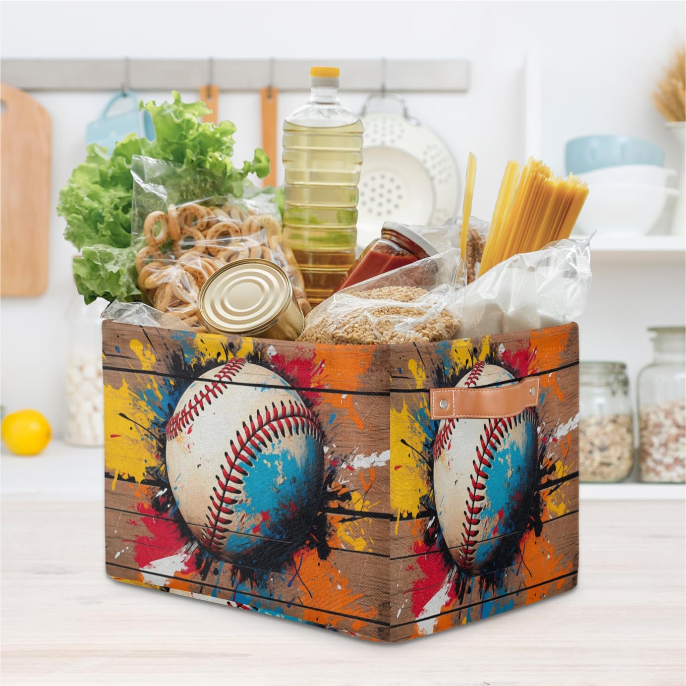 Baseball Rectangular Baseball Basket Kids - Sports Collapsible Toy Storage Bin with Handles Fabric Organizer Shelf Book Sports Room Decor Birthday Gifts for Boys Nursery Bathroom