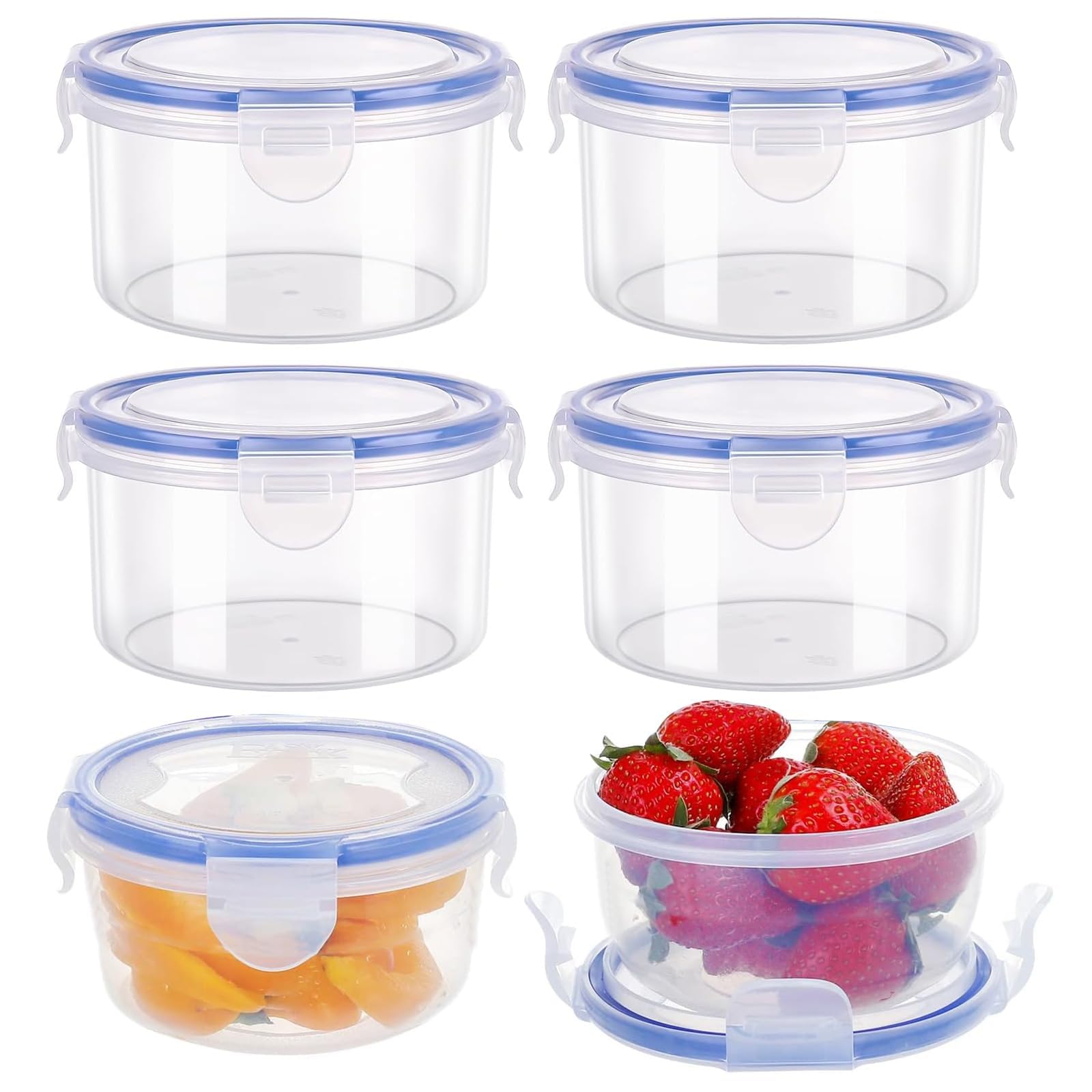 Luftdichte runde Frischhaltedosen, 6 Stück, 300 ml, Kunststoff, mit Deckel, für Snacks, Obst, Joghurt, auslaufsicher, stapelbar, ideal für Kühlschrank und Reisen