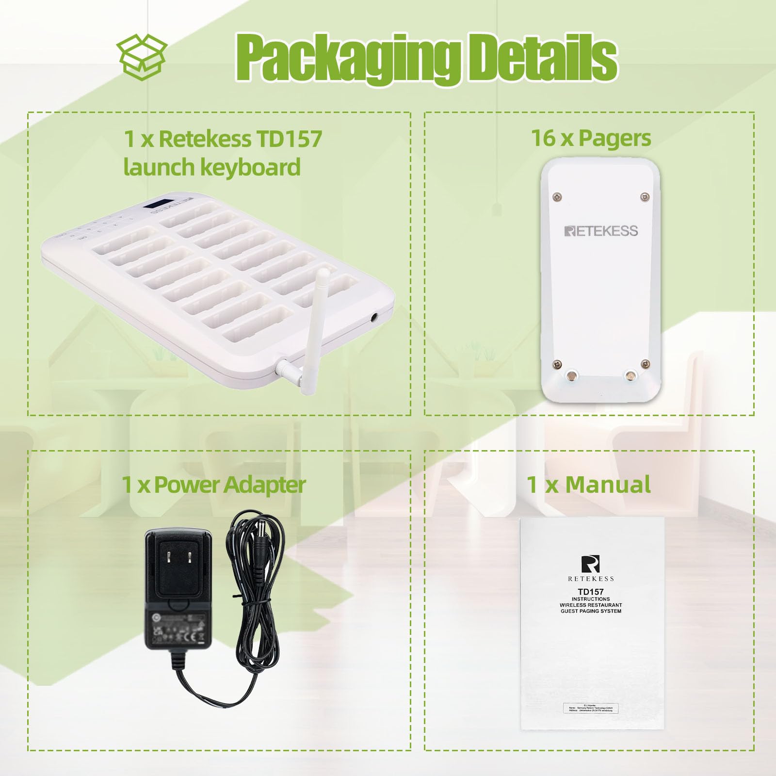 Retekess TD157 Cercapersone Ristorante Wireless, 500M Cercapersone per Ristorante, Batteria da 300 mAh, Plug and Play, Facile da Usare, 16 icalino Campane per Hotel, Ospedale