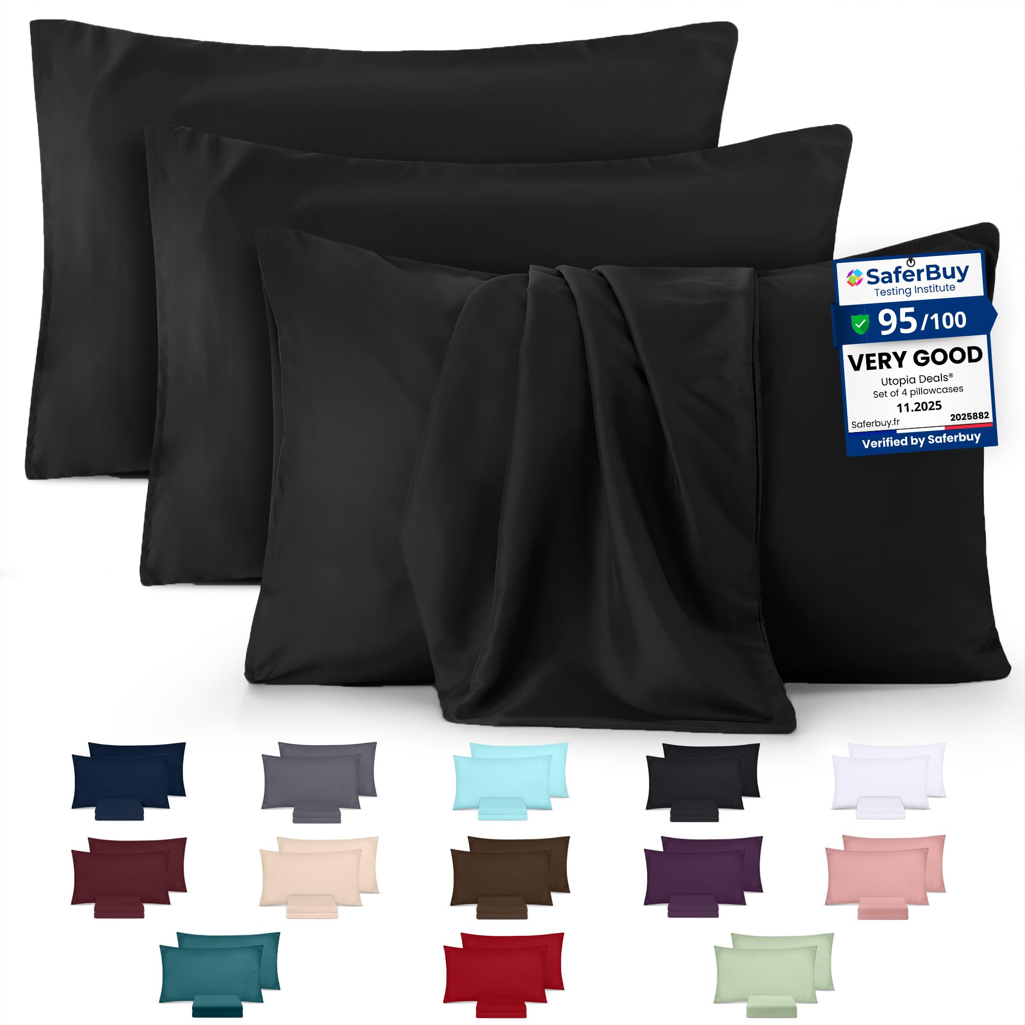 Utopia Bedding - 4 Pack Pillow Cases - OEKO-TEX - Standard Size 50x75 cm - 100% Brushed Microfiber Pillowcases with Envelope Closure, pillows not included - Wrinkle, Fade, & Stain Resistant - Black