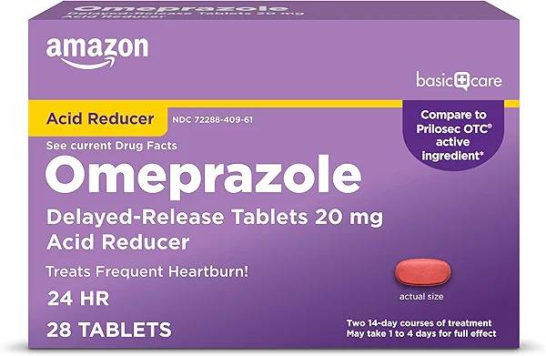 Amazon Basic Care Omeprazole Delayed Release Tablets 20 mg, Treats Frequent Heartburn, Acid Reducer, Heartburn Medicine, 28 Count (Packaging may vary)