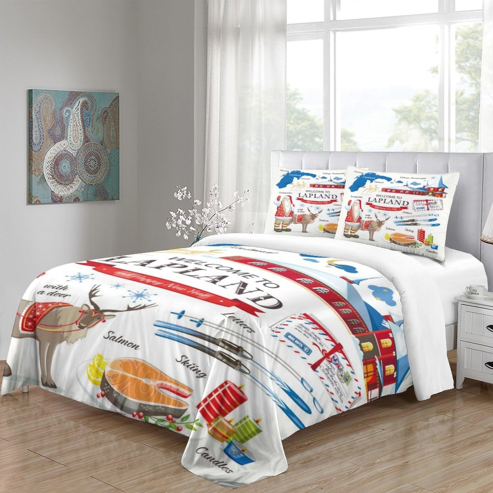 Guía de Viaje de Laponia Impresión 3D 3 Piezas Funda de edredón Estilo Festivo escandinavo cubrecama Microfibra morbida Cierre Cremallera para bebés niños Hombres Super King（260x220cm）