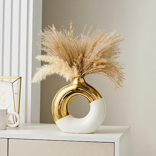 Miniatura 9 de FJS Jarrón redondo de cerámica de 8 pulgadas de largo x 8 pulgadas de alto, blanco y dorado para hierba de las pampas, jarrones modernos nórdicos