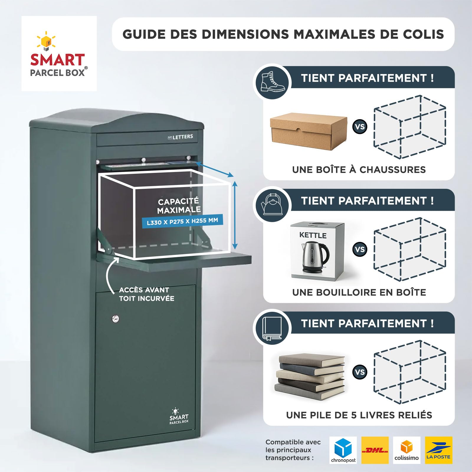 SMART PARCEL BOX Boite aux Lettres sur Pied, Boite à Colis extérieur, Acier galvanisé, Large, Serrure 3 clés, Vert foncé, 41.5 x 38.5 x 104 cm