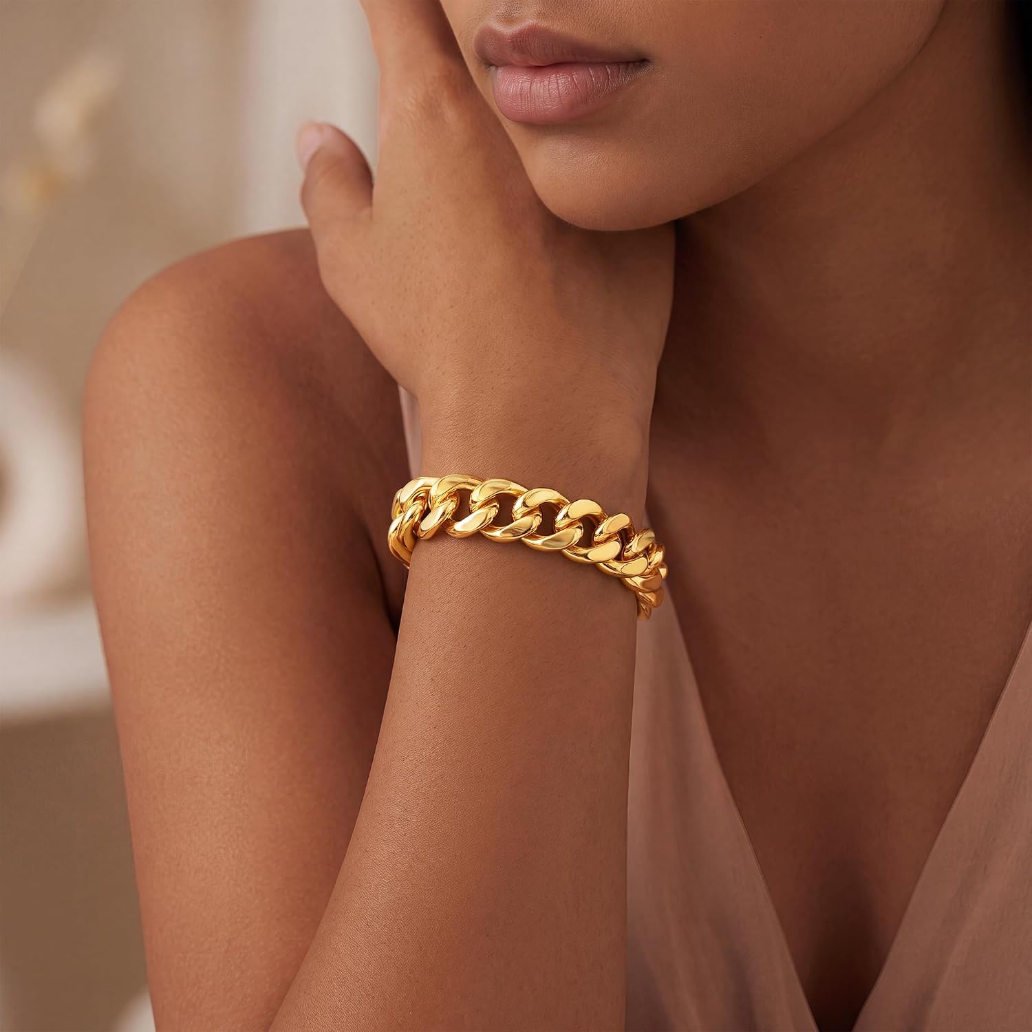 Chunky Cuban Bracelets for Women, 14K Gold/Silver Plated Jewelry image 2