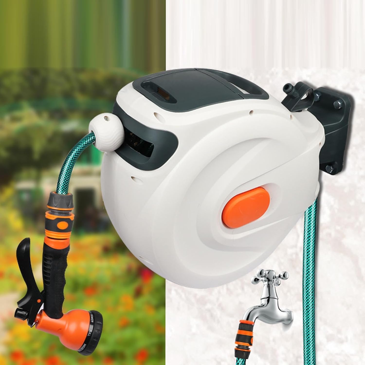 AUNMAS Retractable Garden Hose Reel, Automatic Retracting 10m Freely Adjustable Length 180 Degree Swivel Bracket for Garden Watering