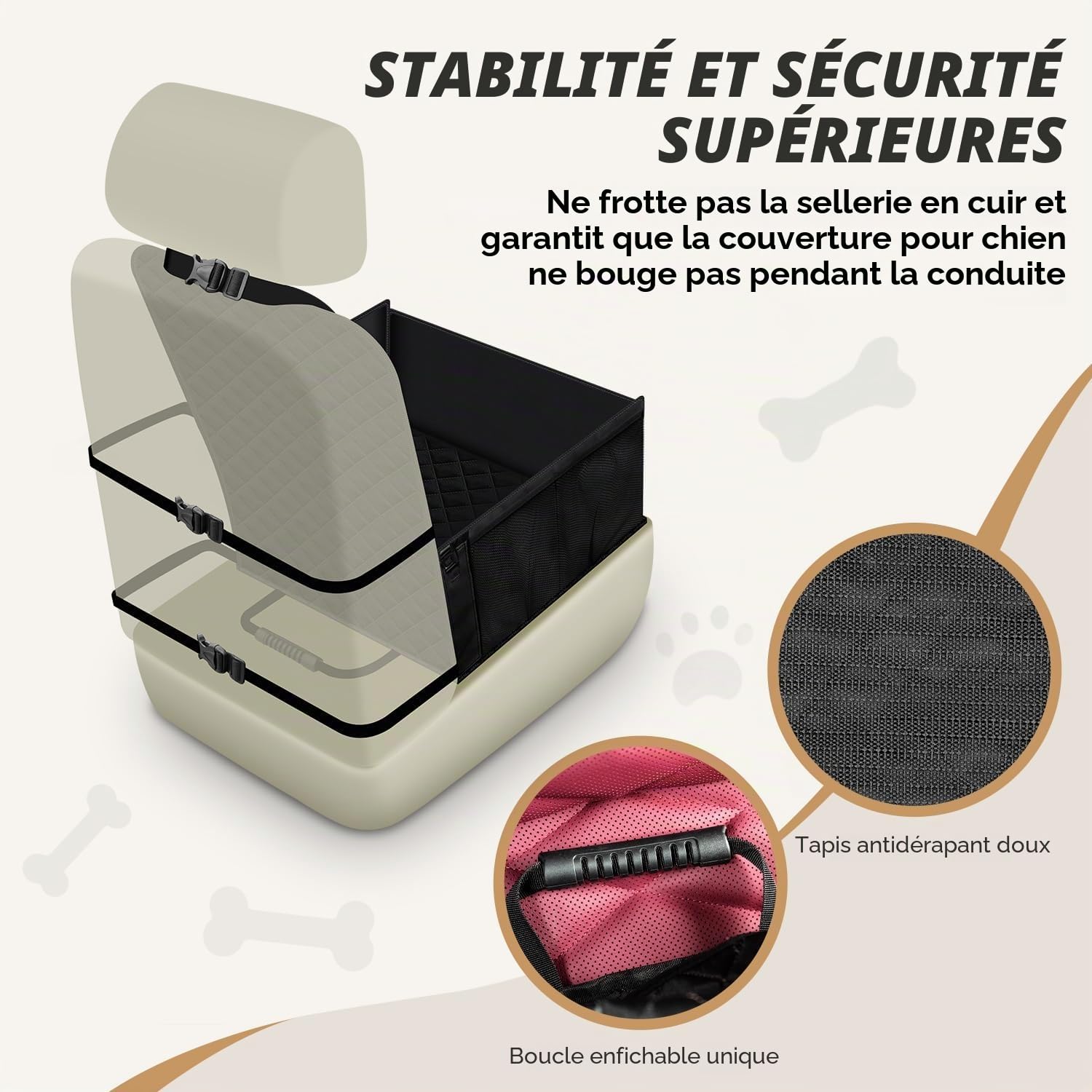 Siège Auto Chien Sécurisé Imperméable et Anti-Griffes, Filet de Rangement et Ceinture Sécurité Adjustable, Installation Facile sur Siège Passager pour Chiens de Petite et Moyenne Taille, Noir