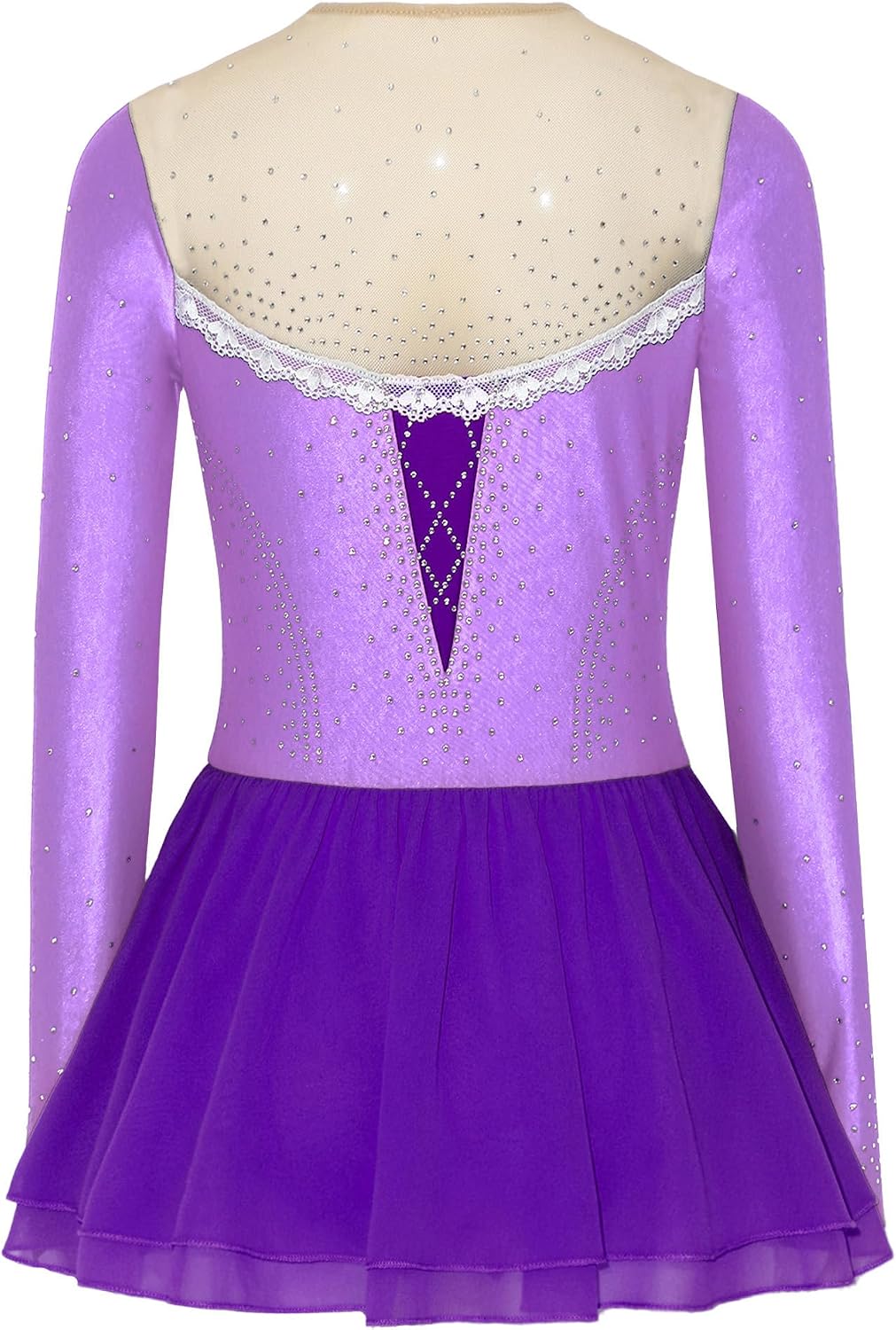 Choomomo Kids Girls Stage Performance Dance Leotard Sparkly Rhinestone Long Sleeve Skating Dress Tulle Skirted Leotard