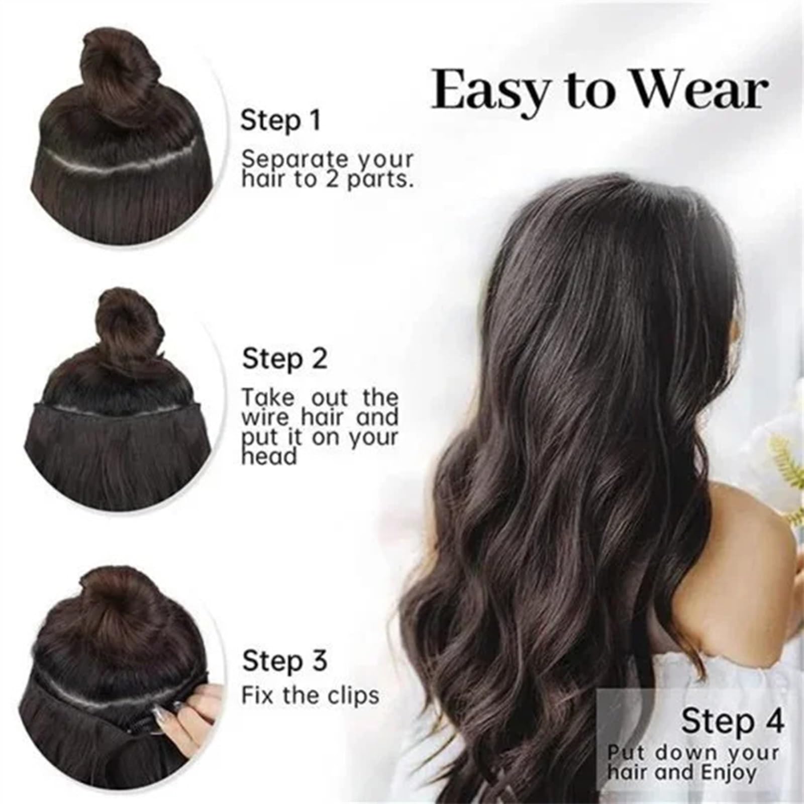 Clip nelle estensioni dei capelli Estensioni for capelli con filo invisibile sintetico con filo trasparente 4 clip sicure Parrucchino segreto ondulato lungo 22 pollici nero for donna Clip per estensio