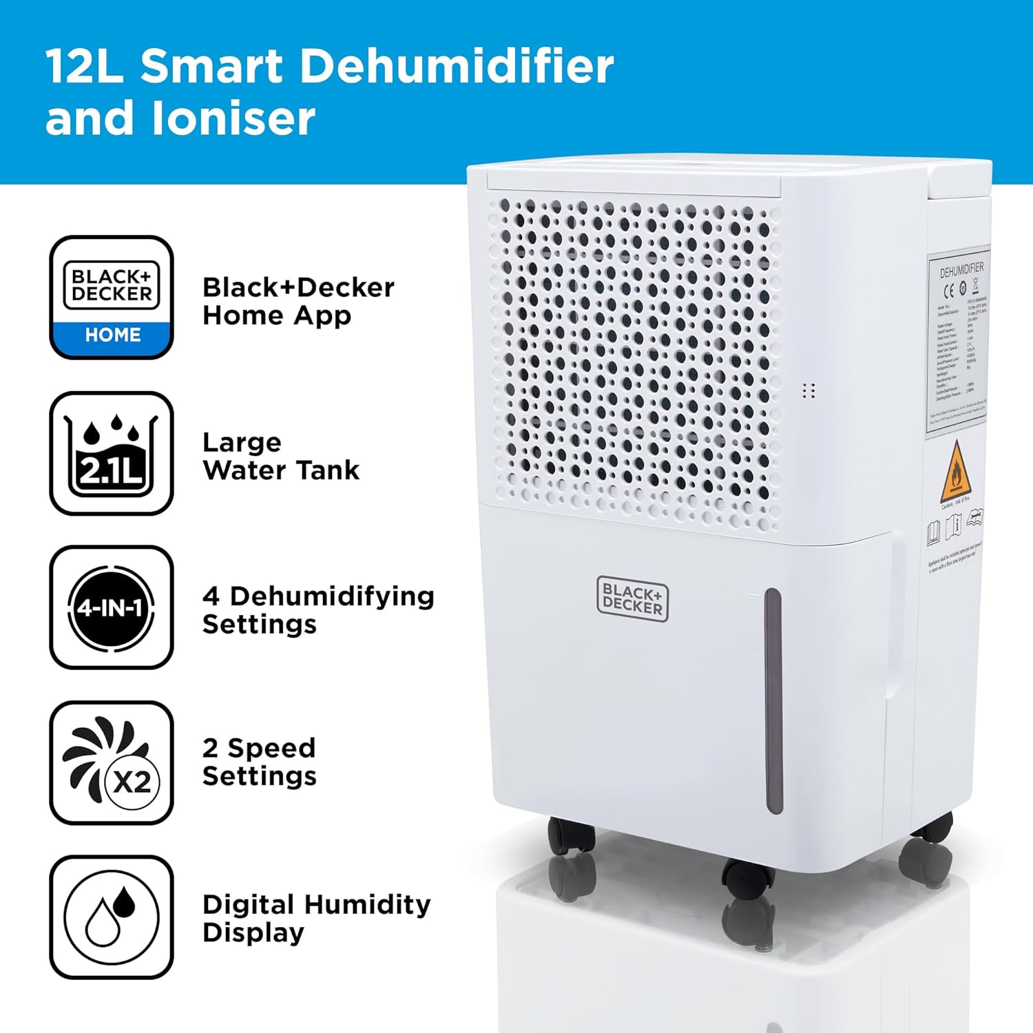 تصوير جيڪا ڊيهوميڊفائر کي ڏيکاري ٿي جنهن ۾ ان جي خاصيتن کي نمايان ڪندڙ آئڪن شامل آهن: بليڪ + ڊيڪر هوم ايپ، 2.1 ليٽر واٽر ٽينڪ، 4 ڊيهوميڊفائنگ سيٽنگون، 2 اسپيڊ سيٽنگون، ڊجيٽل نمي ڊسپلي.