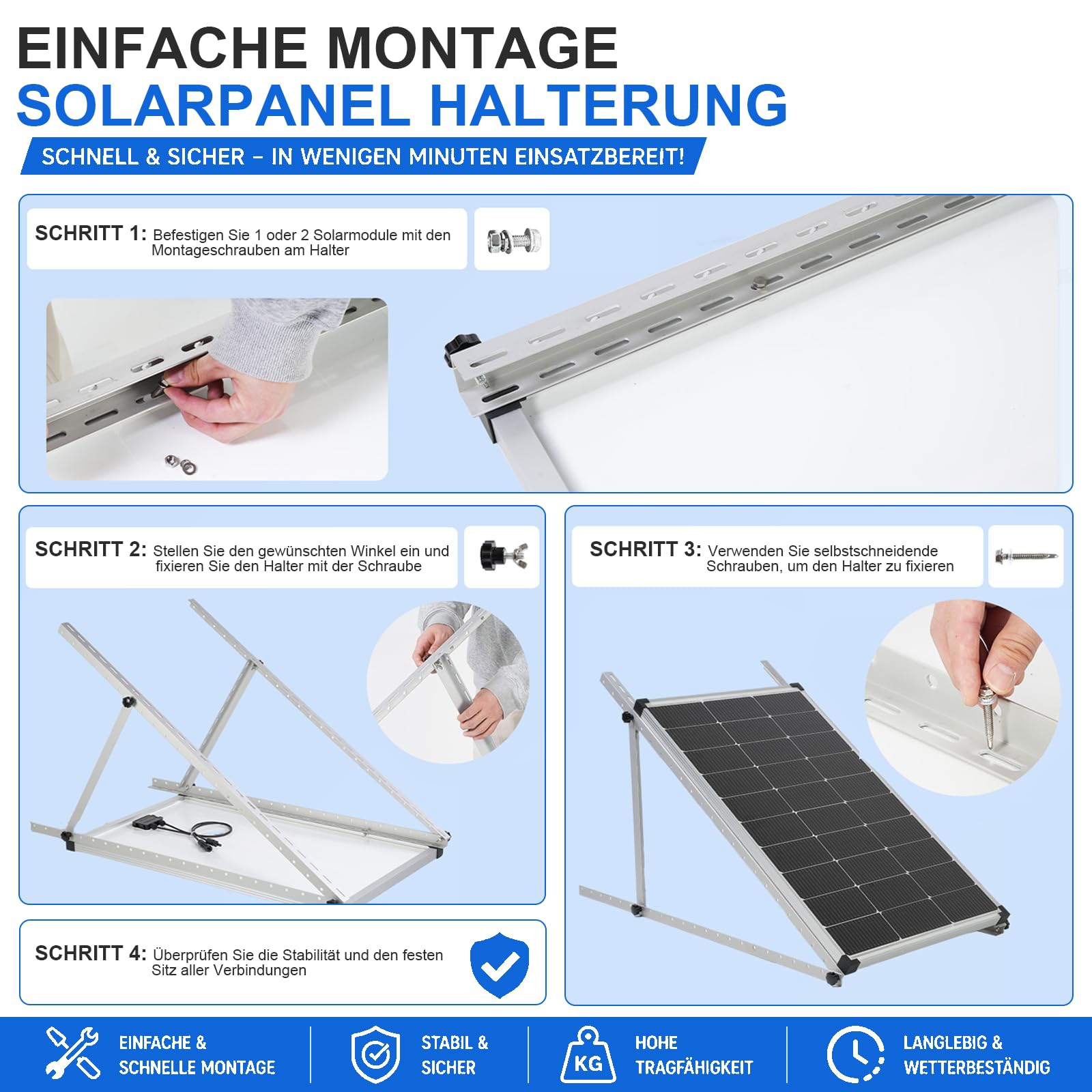 Balkonkraftwerk Halterung 114cm (4er-Set) Solarpanel Halterung Solarmodul Halterung, 0–90° verstellbar für 100–400W Module, Aluminium Halterungen Flachdach für Dach, Balkon & Boden