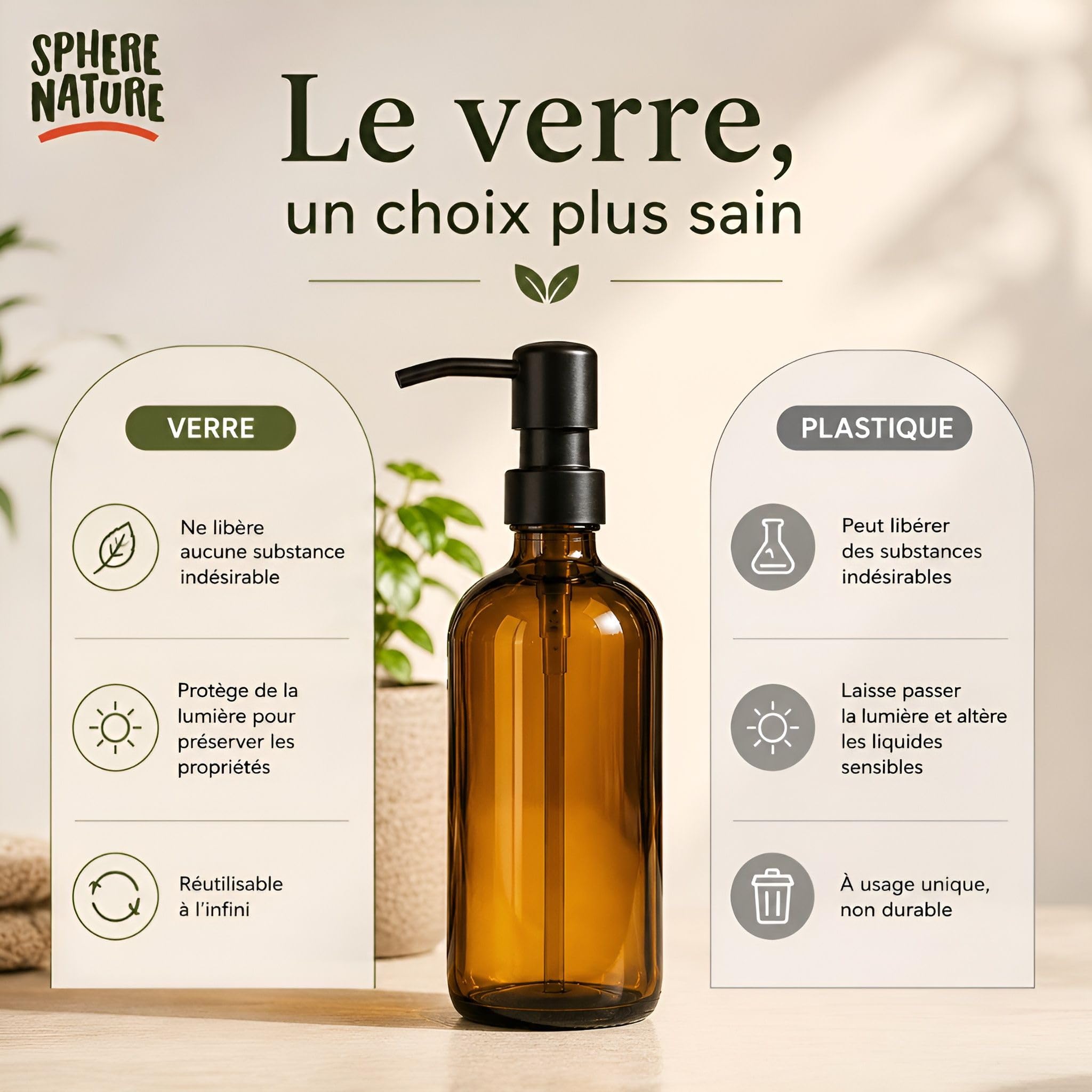 Flacon Pompe Vide Verre 500ml Ambre Vintage | Lot de 2 + Entonnoir + Plateau Bois + 4 etiquettes | INOX Brossé Noir | Distributeur Savon Gel Hydroalcoolique Liquide Vaisselle Shampoing | (Noir)