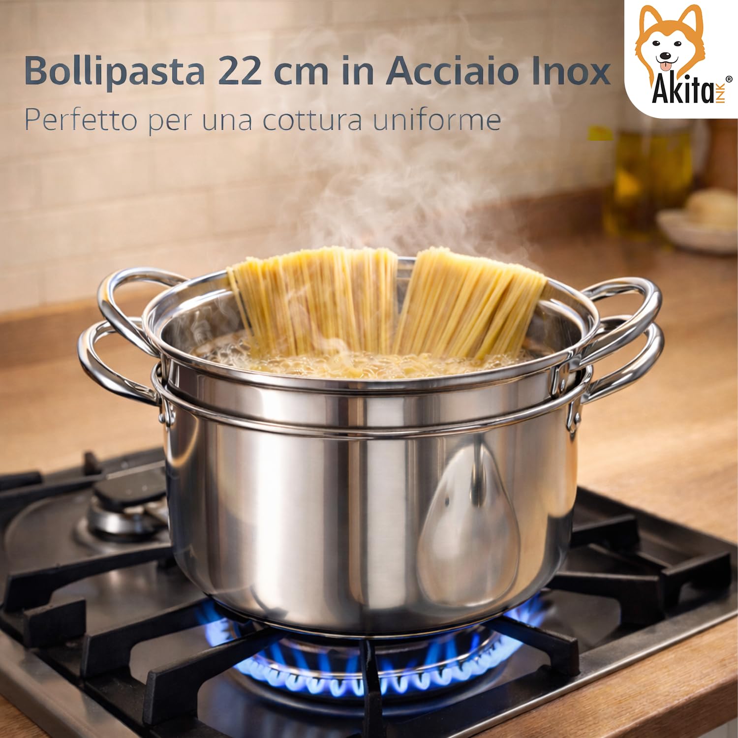 AKITAInk Bollipasta Duna 24 cm in Acciaio Inox con 2 Cestelli e Coperchio in Vetro Temperato, Pentola per Pasta con Scolapasta Integrato, Resistente e Pratica