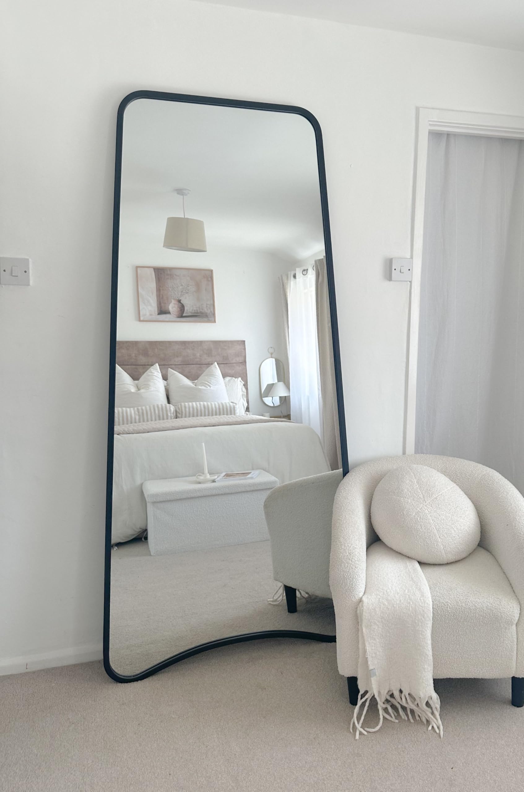 The Coartans - New Black Metal Isoscelles Trapezoid Shape Framed Wall Mirror with arched bottom. 79" X 38" (200CM X 95CM)