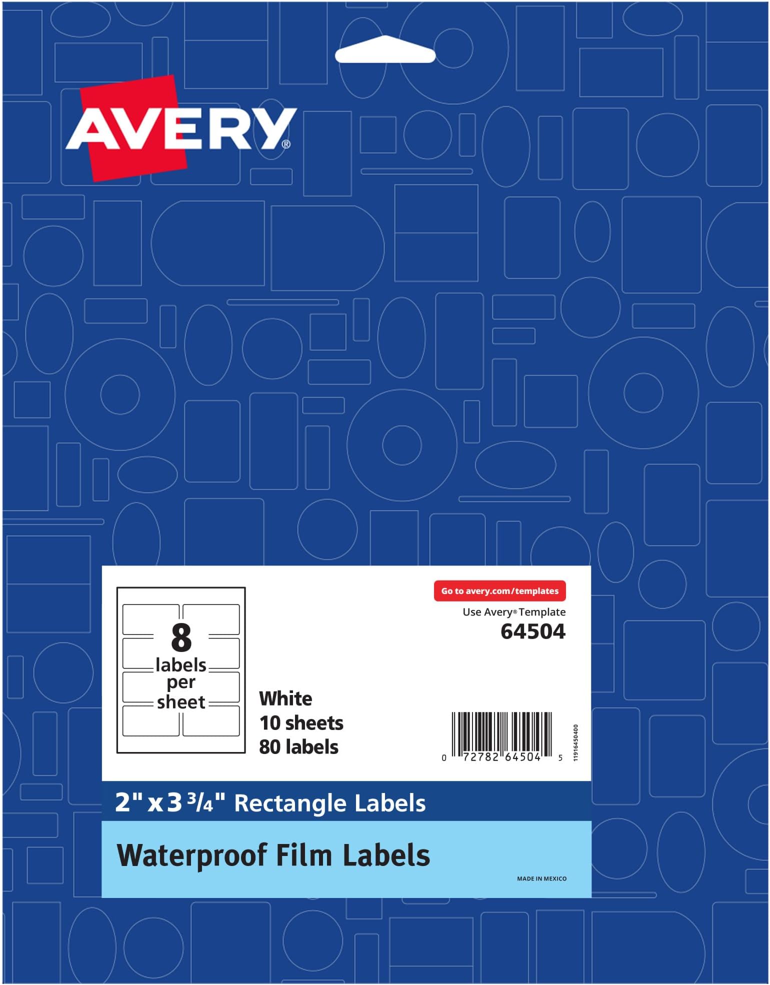 Avery Durable Waterproof Oil-Resistant Film Labels with Sure Feed Technology, 2" x 3.75", Laser/Pigment-Inkjet, 80 Labels (64504)