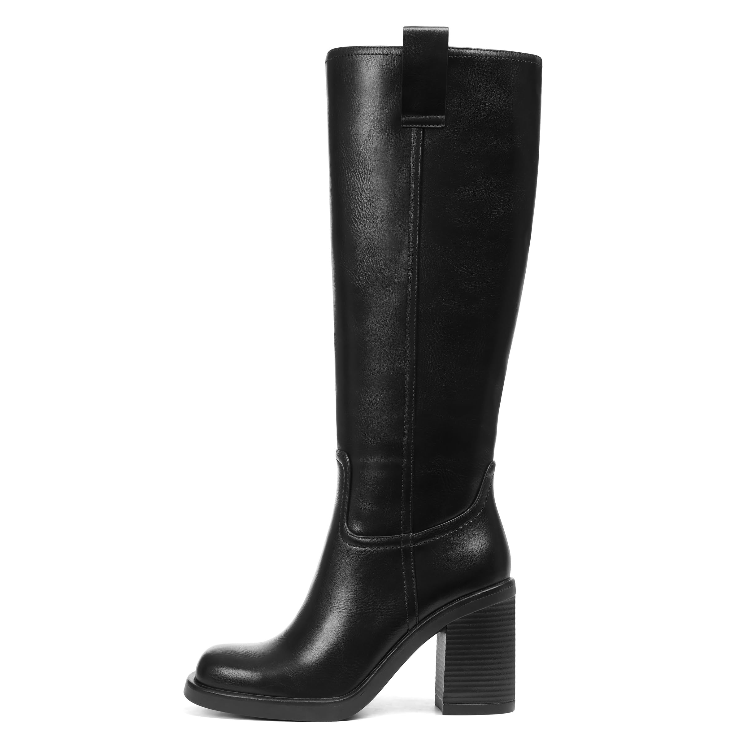 Kalstage Platform Knee High Boots Women Fashion Fall Chunky Heel Boot Square Toe Half Zip Wide Calf Tall