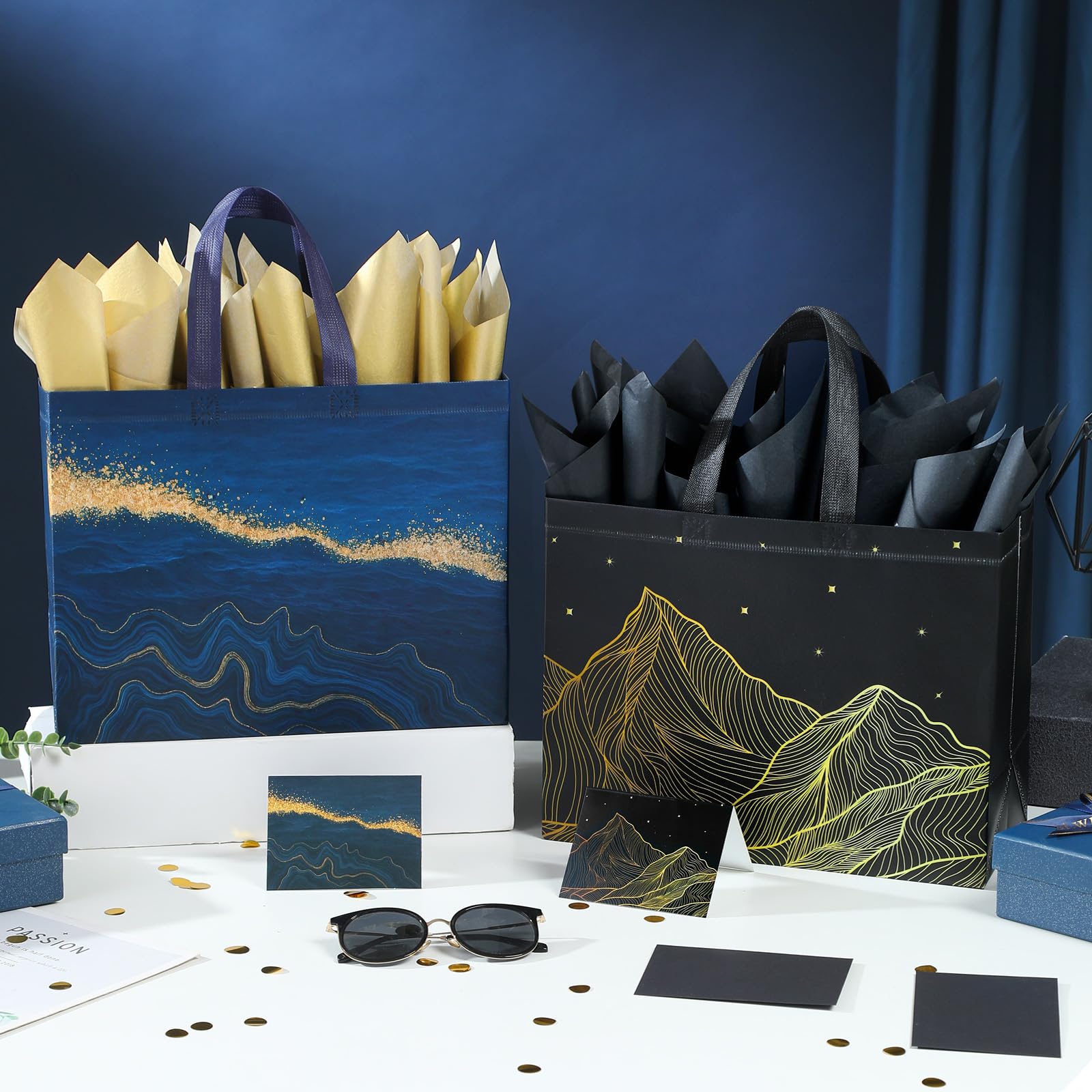 STYPOP 13" Large Gift Bags with Tissue Paper, 2 Pack Reusable Non-woven Happy Birthday Gift Bag with Handles, Perfect Gifts for Men & Women (Black, Blue).