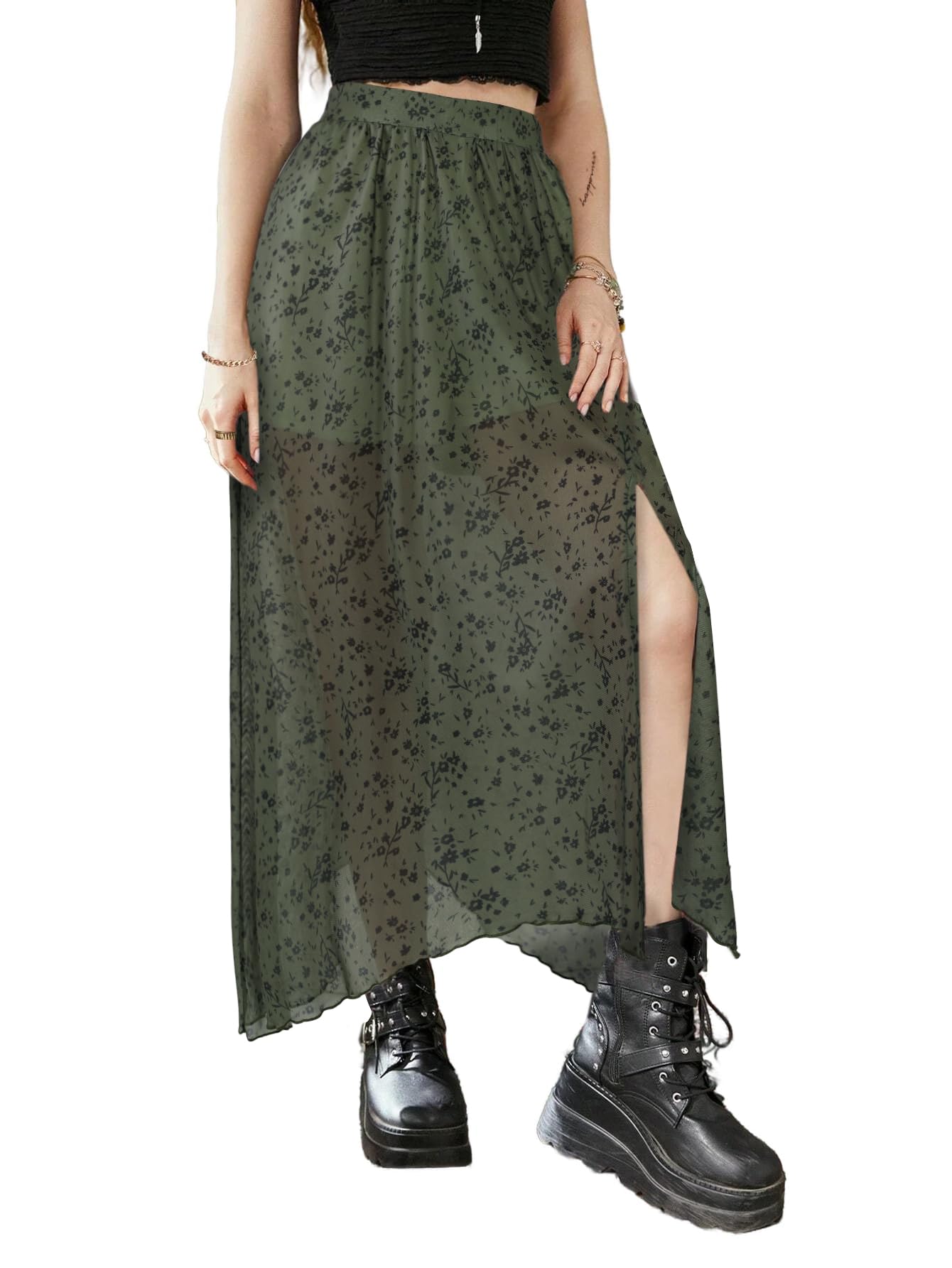 Avanova Women Sun Print Mesh Side Slits Split Midi Skirt Asymmetrical High Waisted Long Skirt