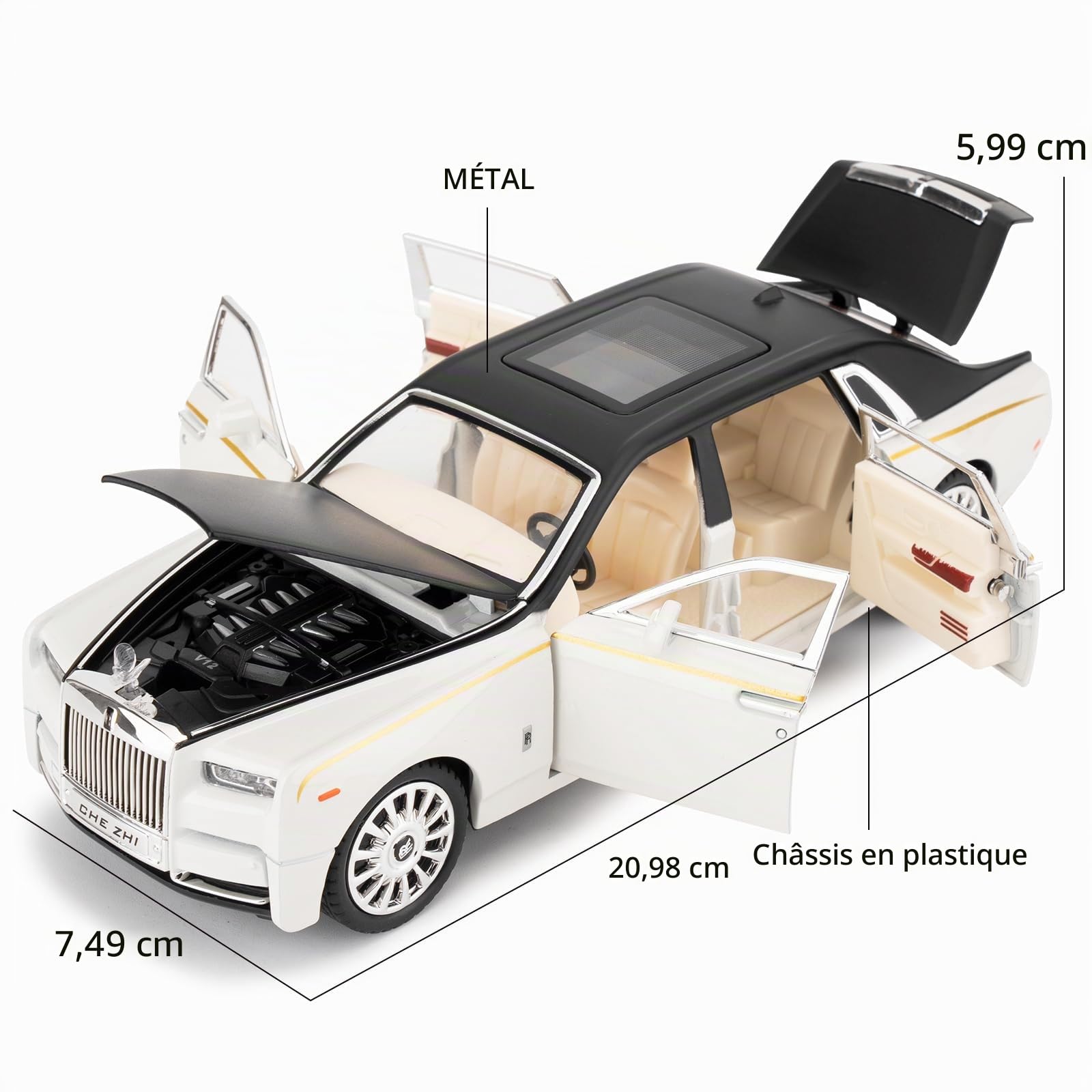 TGRCM-CZ Rolls-Royce Phantom Modèle de voiture à l'échelle 1:24 en alliage de zinc avec traction arrière, jouet Diecast avec son et lumière pour enfants, garçons et filles, cadeau (blanc)