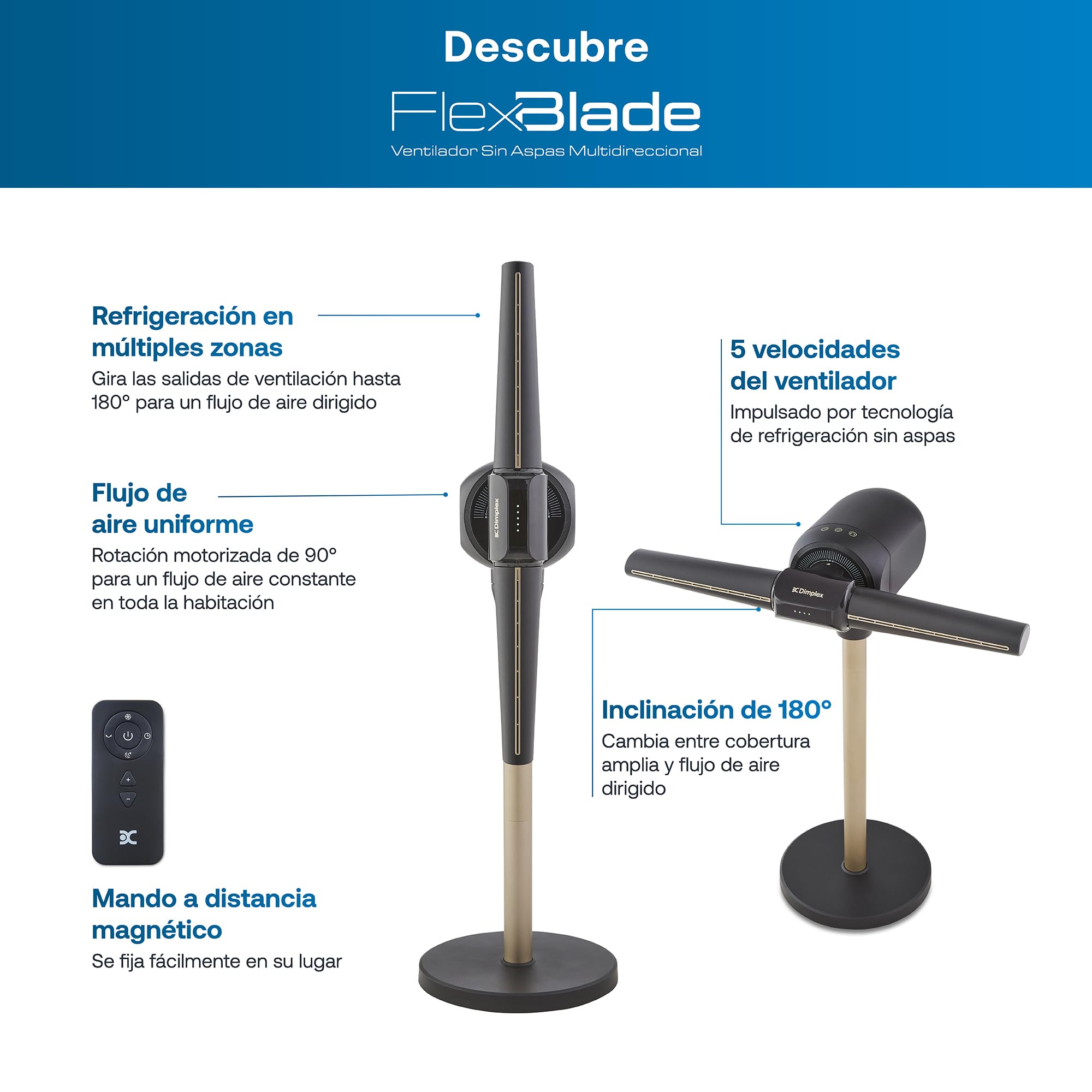 Dimplex FlexBlade ventilador de pie sin aspas, doble dirección 2×180°, oscilación 90°, alcance 20m, silencioso 36dB, mando magnético, 5 velocidades, temporizador