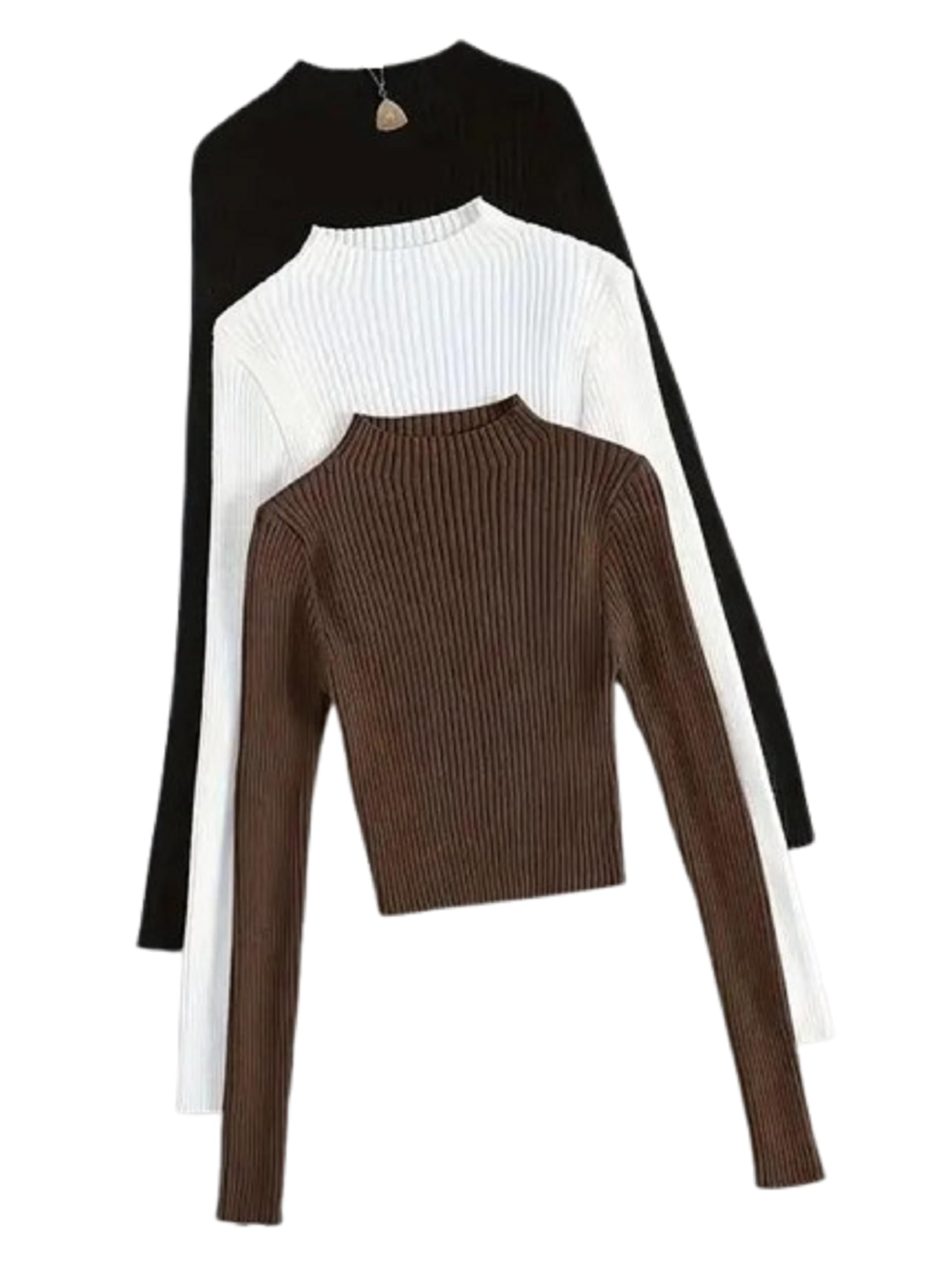Women's Ribbed Turtleneck top, 3-Pack, Black, White, Brown-picture-11