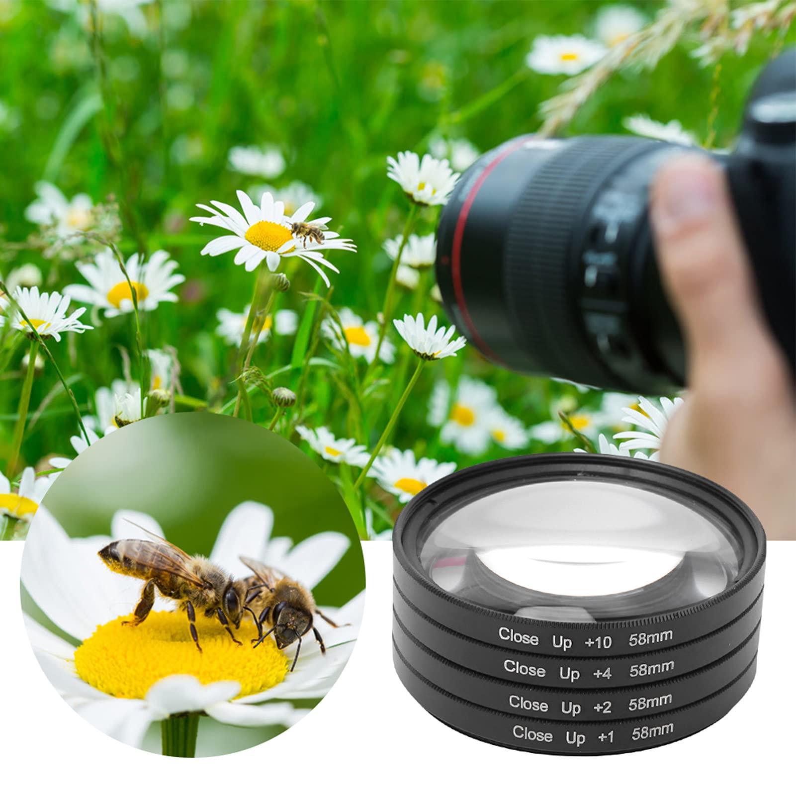 Zestaw Filtrów do Makrofotografii, Szkło Optyczne do Makrofotografii +1 +2 +4 +10 Zestaw Filtrów do Obiektywów 58mm, Akcesoria do Filtrów Makro do Aparatów Canon/Nikon/