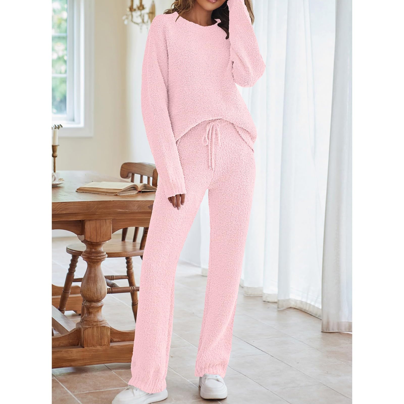 Damen Zweiteiler Flauschiges Fleece Langarm 2-Teiliges Loungewear-Outfits Pullover Hosen Pyjama-Sets Sport Set Yoga Bekleidung Hosenanzug Festlich Sommer Sachen Teenager Mädchen Ballkleider Lang