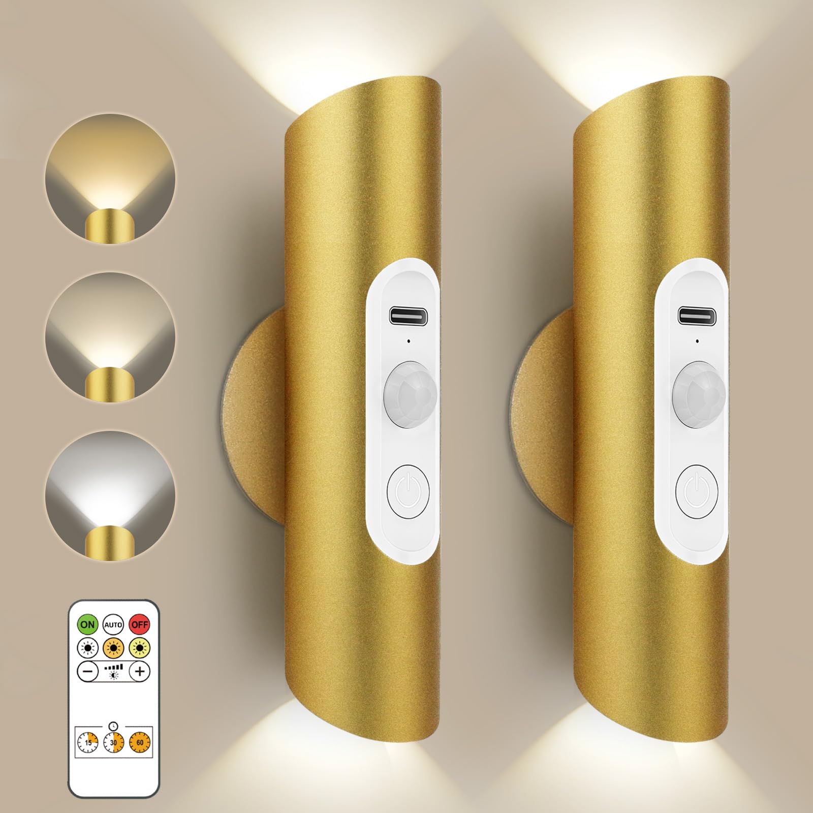 Lacasa Rechargeable Motion Sensor Wall Lights Indoor, 2 Pack Wireless Dimmable Battery Operated Wall Sconces, 3 Modes Remote Control Magnetic Up and Down LED Night Light for Bedroom Stair, Gold Metal