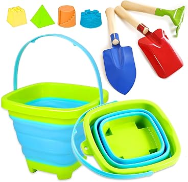 Kids Beach Toys Foldable Beach Bucket And Spade Set, Collapsible Sand Bucket with 3pcs Metal Spade and 4pcs Sand Moulds For Boys Girls Summer Party