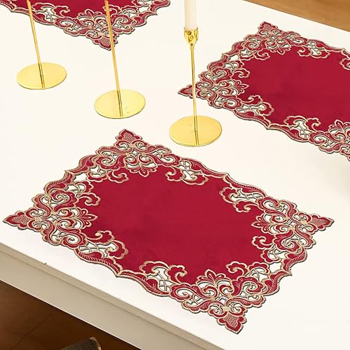 Miniatura 5 de Decozen Juego de 4 manteles individuales de encaje dorado burdeos, manteles individuales rectangulares bordados europeos para decoración de