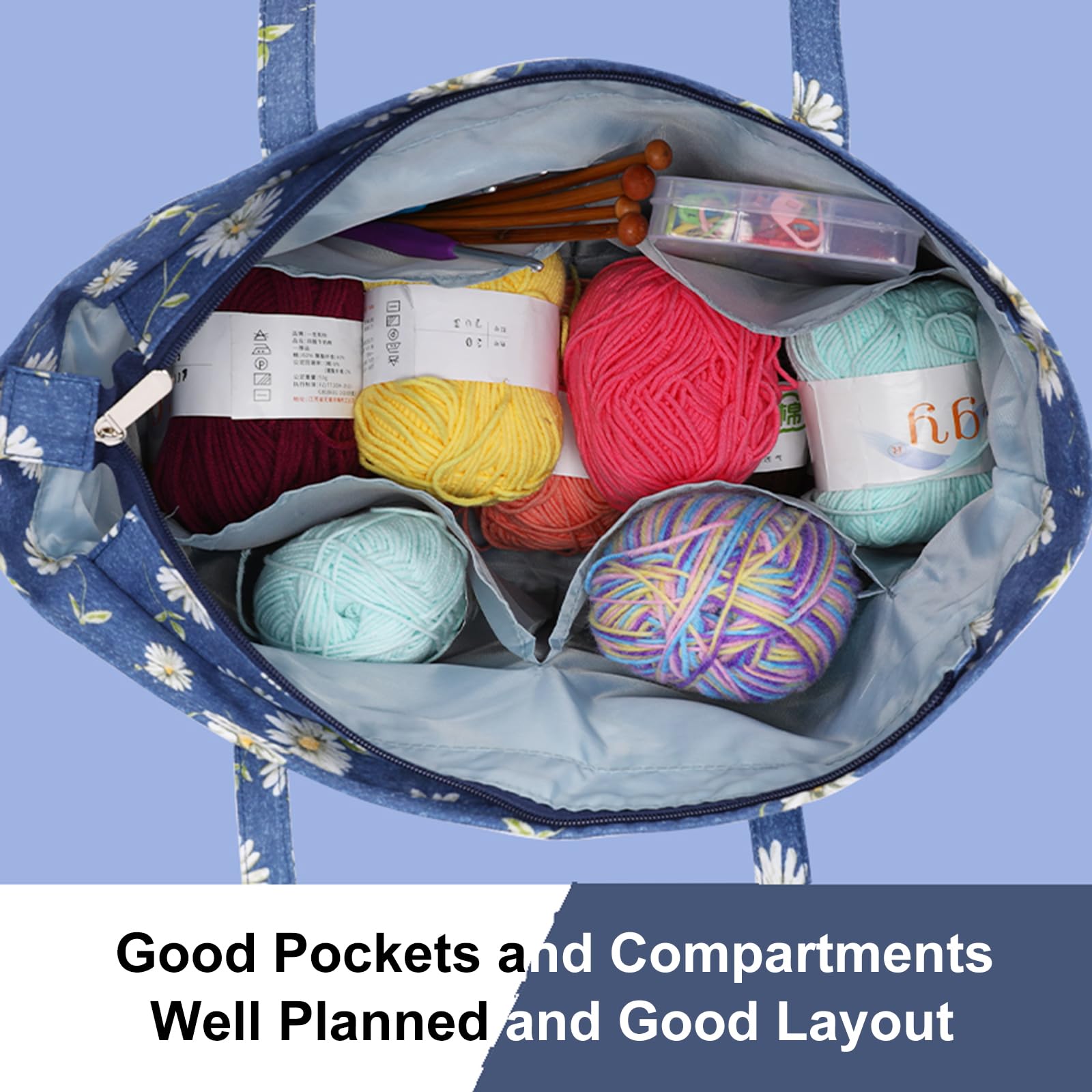 Coopay Wolle Tasche für Garn Basteltasche, Tragbare Stricktasche mit Großer Kapazität, Blumen Reise Handarbeitstasche für Garnbällen, Häkelnadeln, Stricknadeln, Kreuzstich und Nähzubehör, Oxford-Stoff