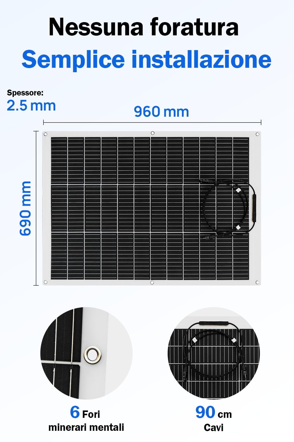 ECO-WORTHY Pannello Solare Flessibile Monocristallino da 130 W 12 V, Pannello Solare con Cavo di Ricarica per Camper, Auto, Barca, Batterie da 12 Volt