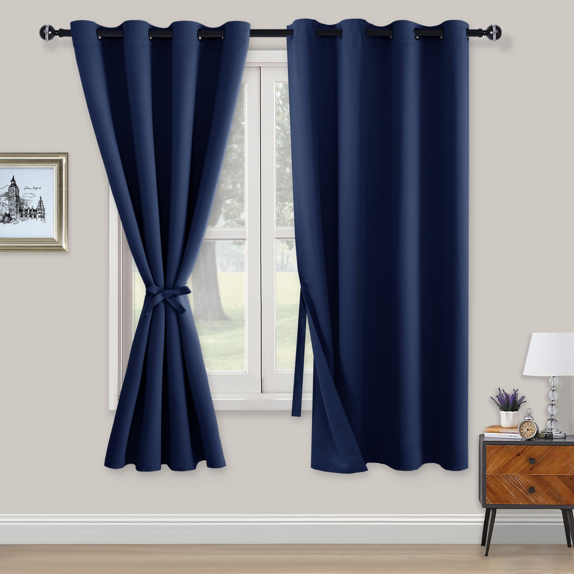 XWZO Blickdichte Vorhänge Verdunklungsvorhänge mit Ösen 2 Stücke Gardienen mit Raffhalter Lichtundurchlässige Vorhänge für Schlafzimmer,WonhzimmerBüro, 160x132 cm, Dunkelblau