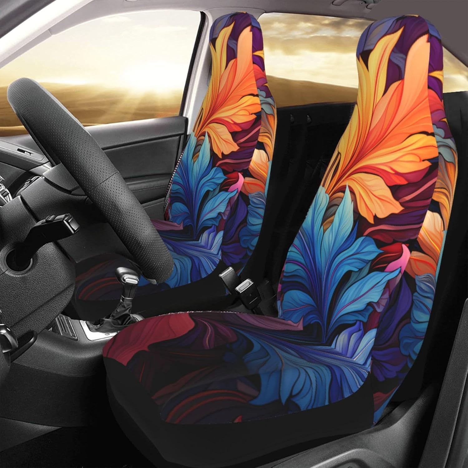Universal Colorful Plant Leaves Printed car seat Covers are Suitable for Most Seats in Trucks, Vans, and Other Similar Vehicles.