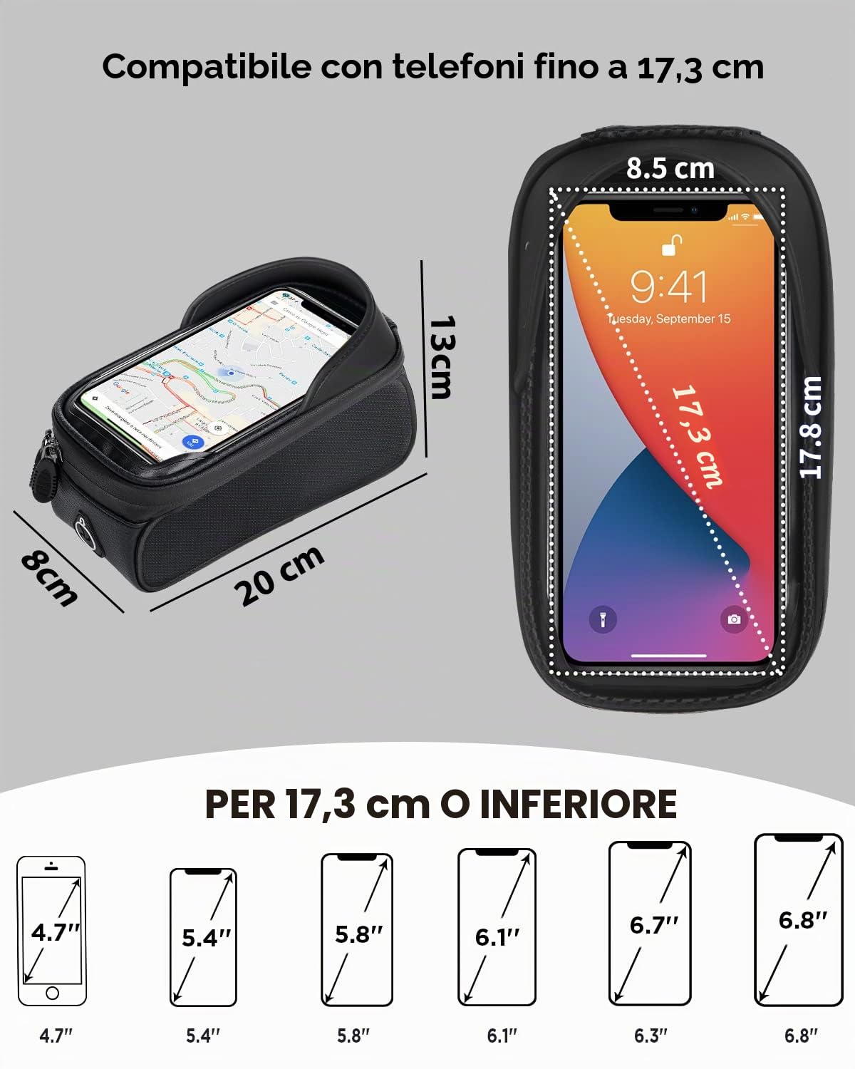 Borsa da bicicletta, telaio per bicicletta, supporto per cellulare, borsa per telaio, borsa per manubrio, supporto per cellulare, borsa superiore con foro per cuffie per smartphone sotto i 6,8" (nero)