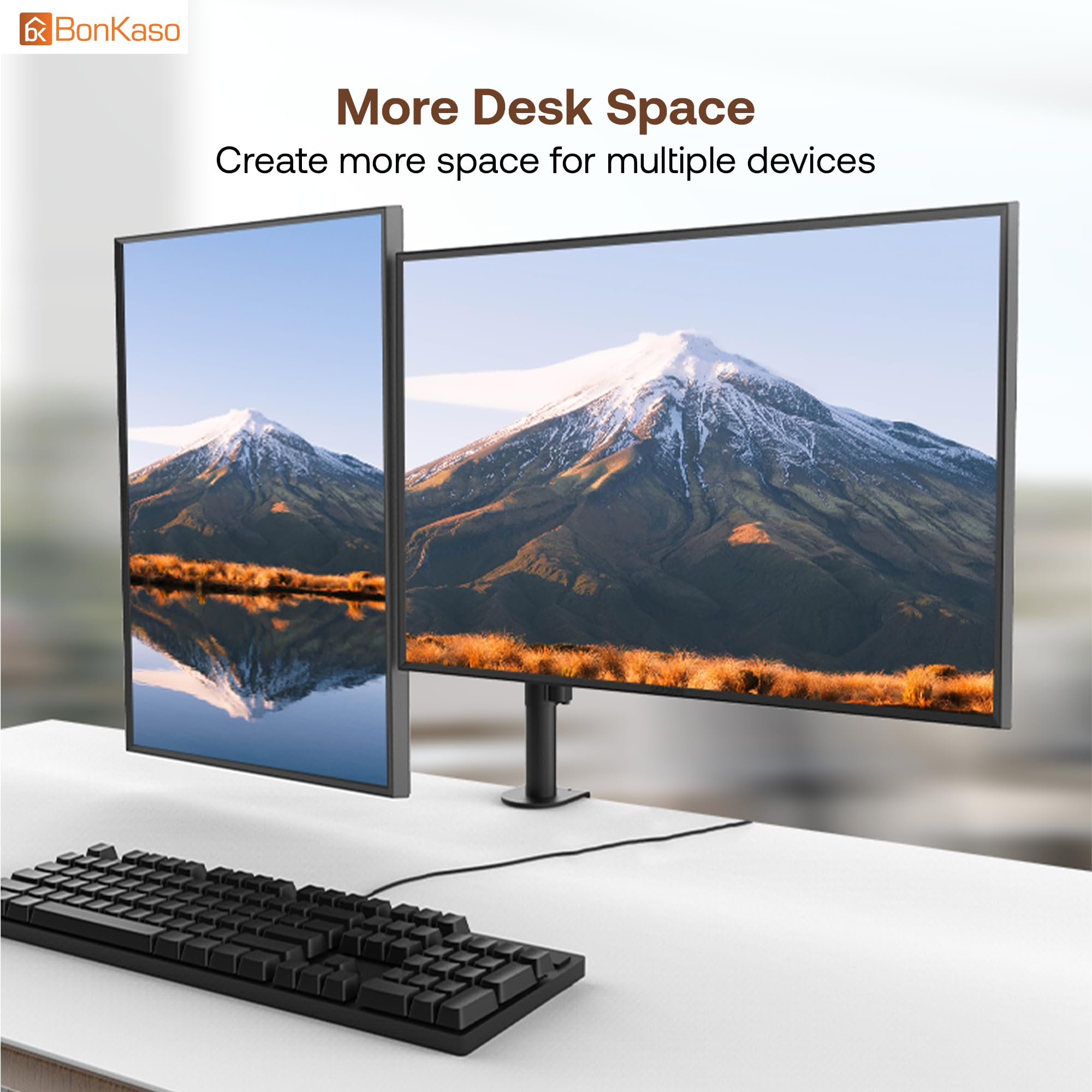 BonKaso Dual Monitor Stand for Desk | Height Adjustable Alloy Steel Arm Mount for 13”–27” Screens | 360° Rotation, Tilt & Swivel, Cable Management, Space-Saving Dual Arm Monitor Mount (Black & White) — Amazon image 7