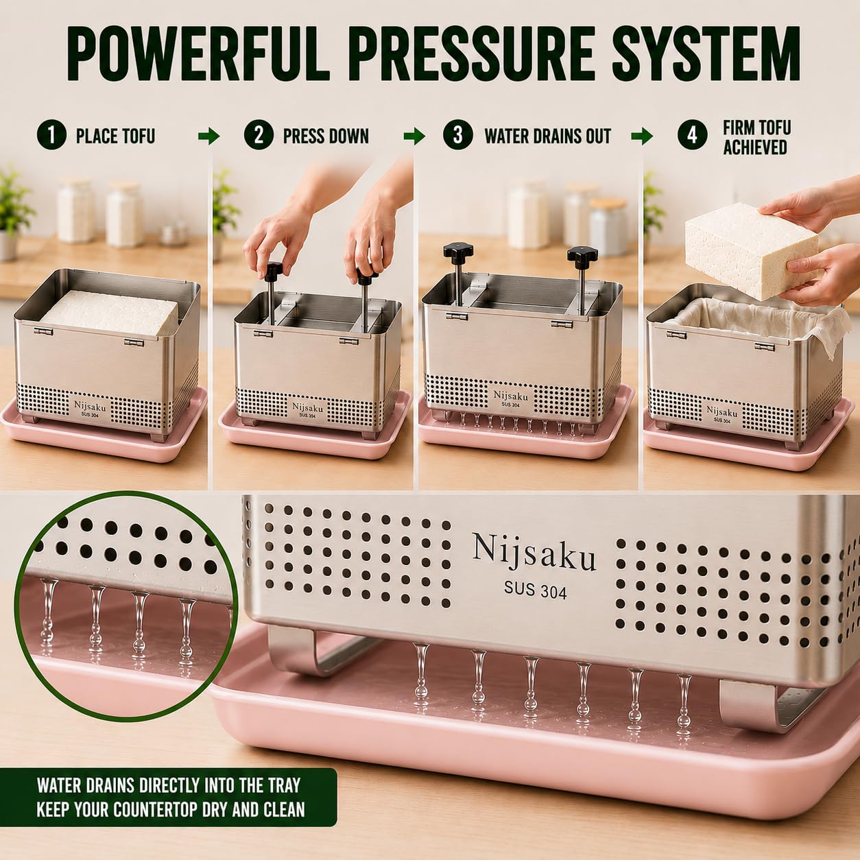 Tofu Presse Edelstahl, Paneer Maker & Käsepresse mit Abtropfschale und Tuch, Verstellbarer Tofu-Maker für extra festen Tofu, hausgemachtes Paneer & veganen Käse, BPA-frei, spülmaschinenfest, XL