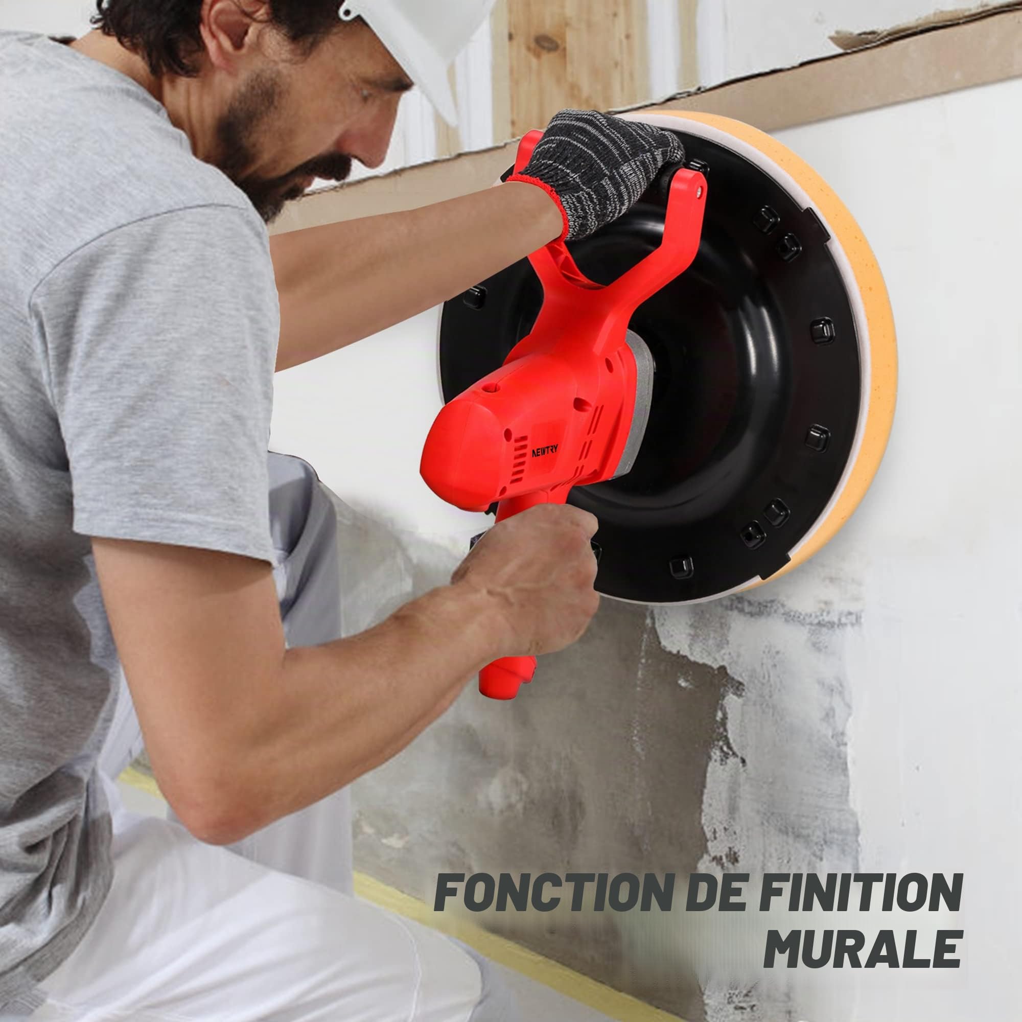 NEWTRY Taloche électrique pour mortier Truelle de maçon, Lisseuse portable pour enduit mural, Bétonnière multifonction, avec éponge Papier abrasif Disques de rechange et fouet à mortier