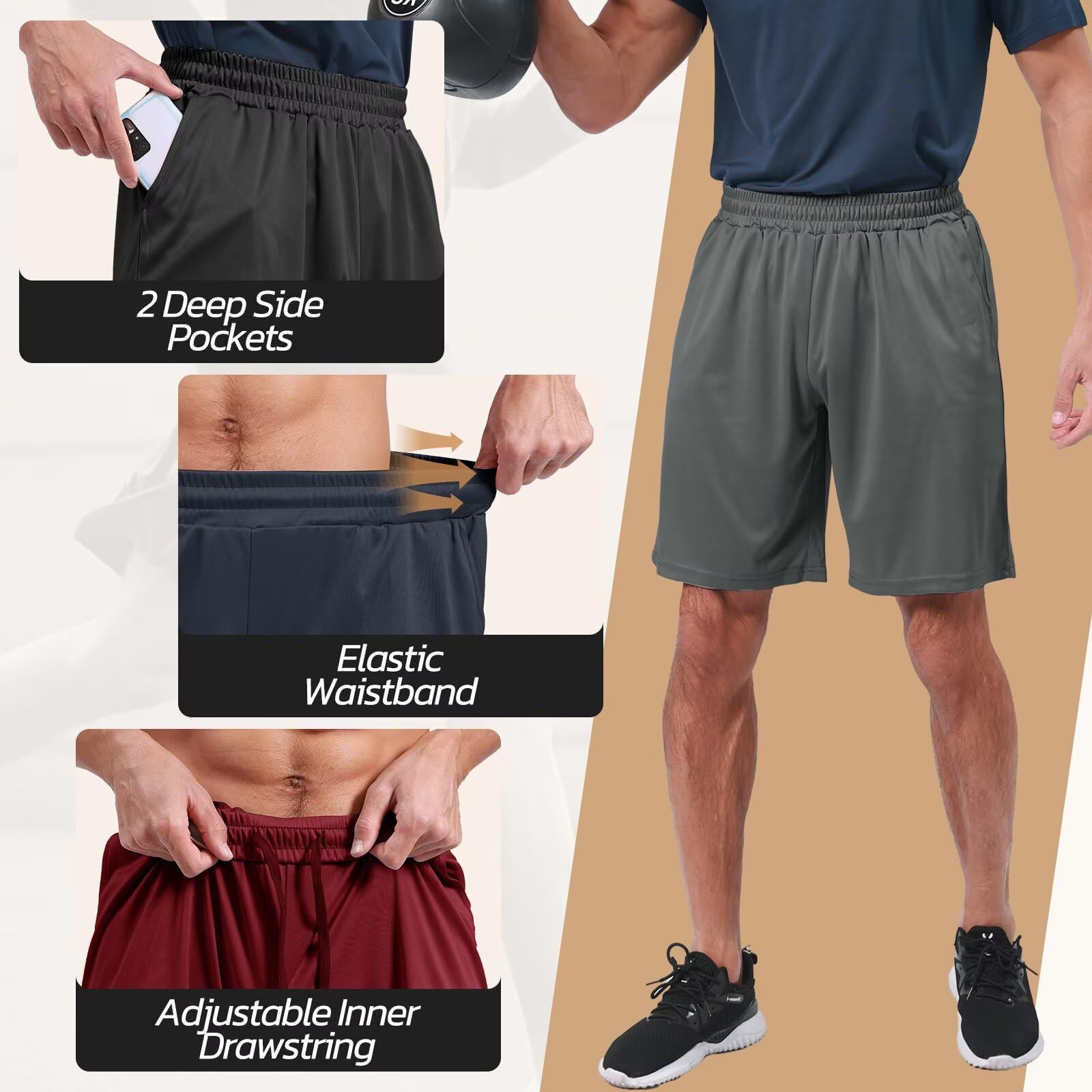 BOOJO Confezione da 3 pantaloncini da palestra da uomo con tasche, traspiranti, per corsa, allenamento