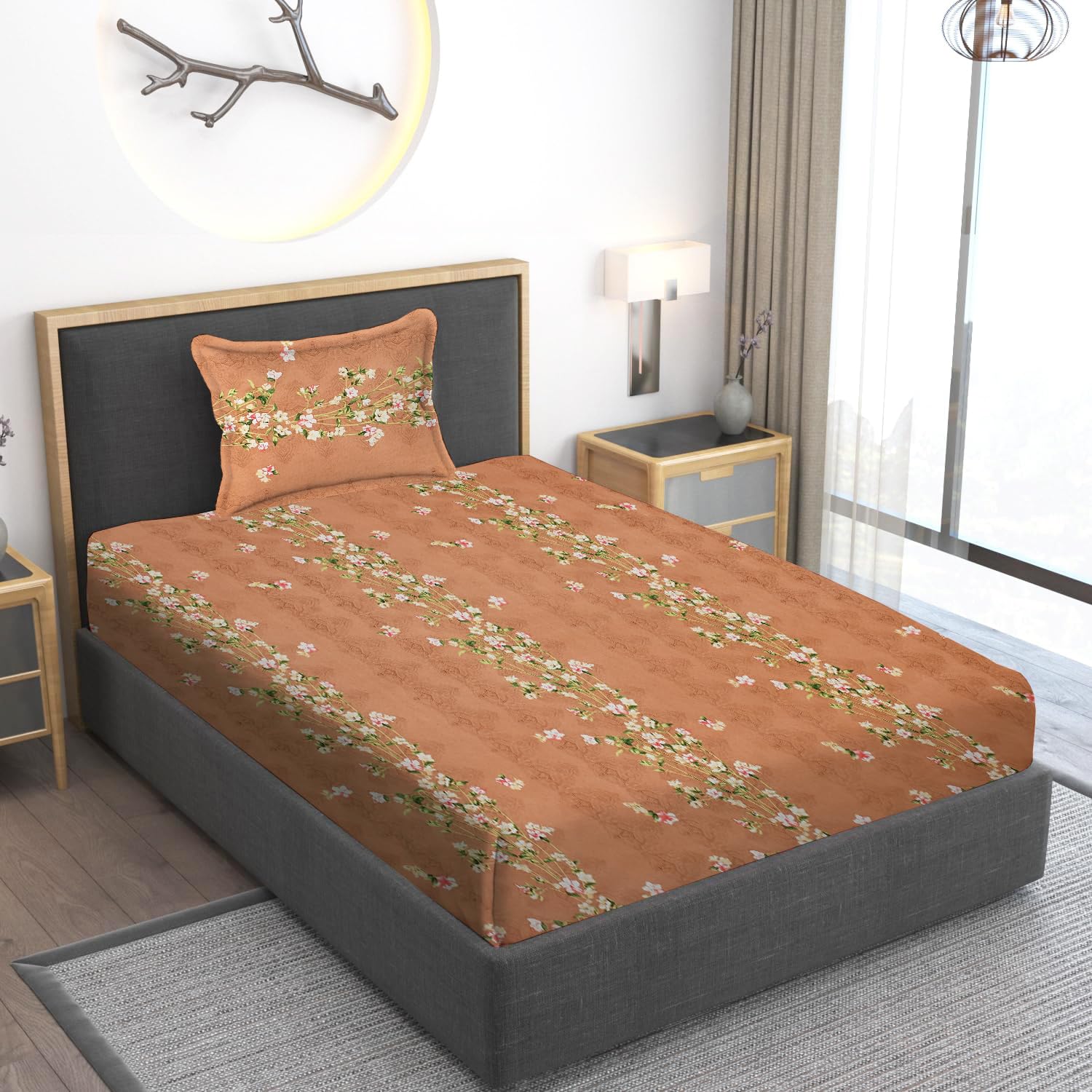 Home Stylish 280 TC Floral Print Ezyption Cotton 1 Single Bedsheet with 1 Pillow Cover Brown White