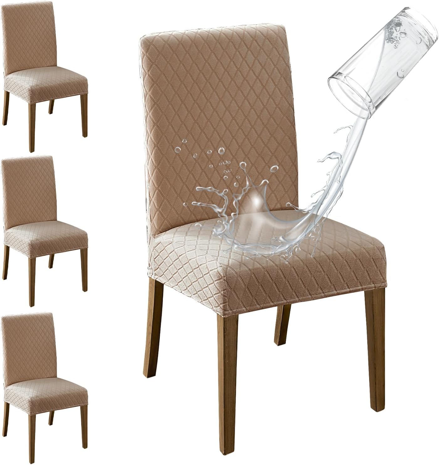 MOSAYT 100% Waterproof Dining Room Chair Covers Set of 4, Super Fit Stretch Jacquard Parson Chairs Slipcovers Removable Washable Chair Seat Protectors for Home, Kitchen, Banquet (Khaki) Diamond-khaki L - 4 Pack