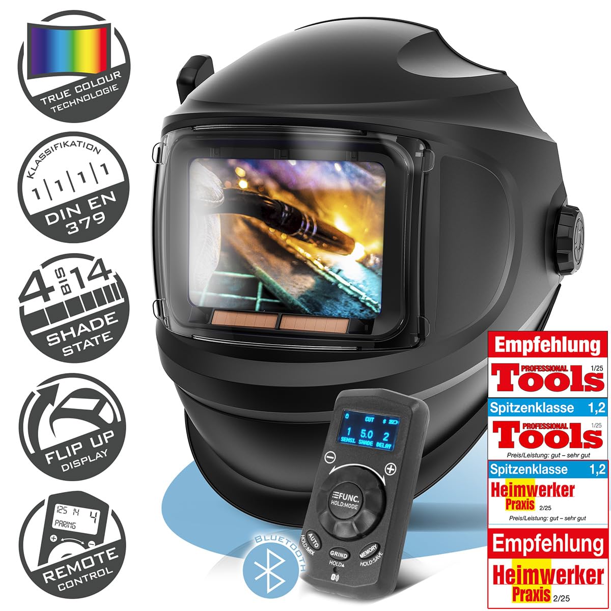 STAHLWERK Automatik-Schweißhelm 3-in-1 Master mit True-Colour & Jobspeicher | Schweißerhelm mit autom. Abdunkelung DIN 4-14, optische Klasse 1/1/1/1, Klapp-Visier, Bluetooth, Sichtfeld 116 x 81 mm