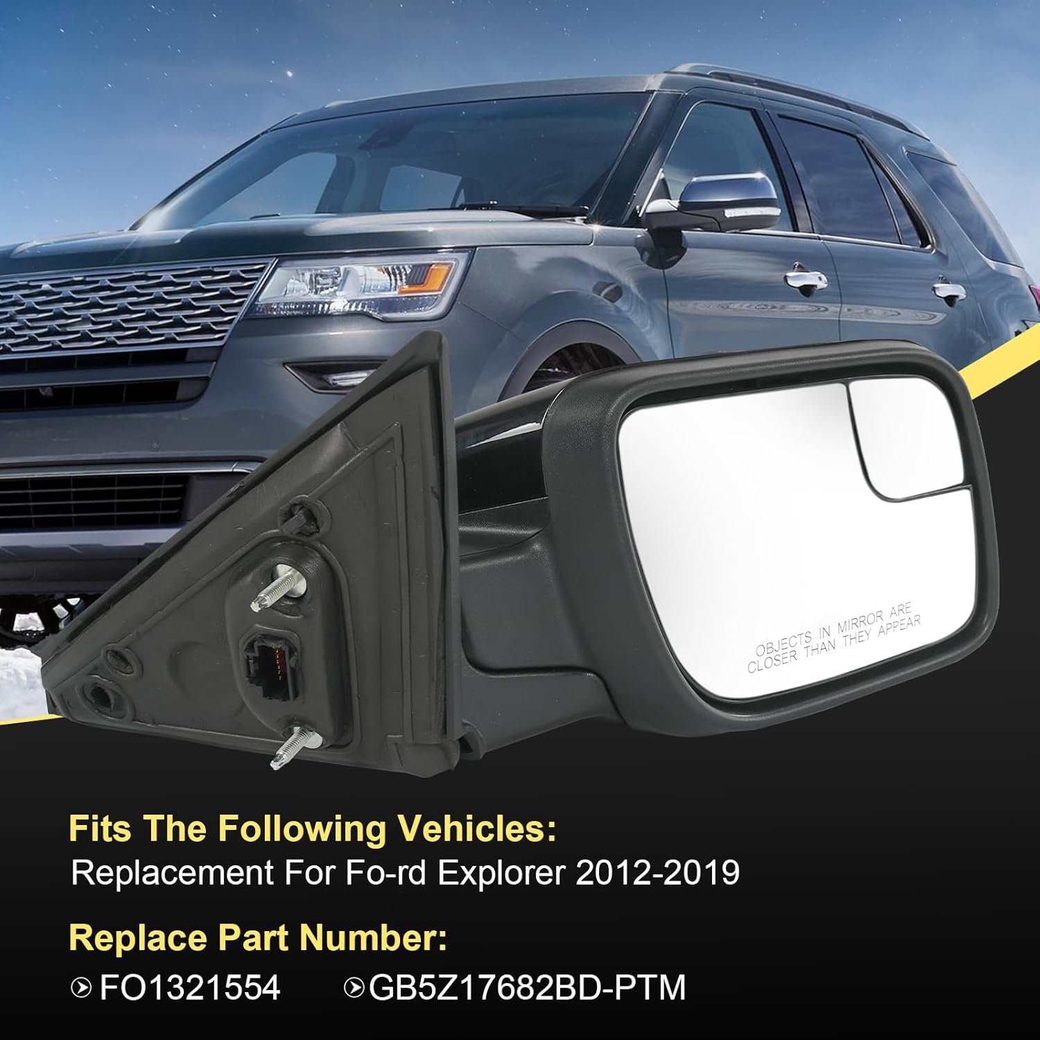 Door Mirror Right Passenger Side Replacement For Ford Explorer 2012-2019, Replace FO1321554 Black 7Pins