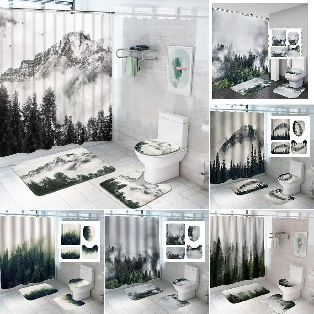 DDSDUDES 4-teiliges Duschvorhang-Set Mit Wald-Wasserfall-Muster - Wasserdicht Inkl. Matten & Haken Fürs Badezimmer