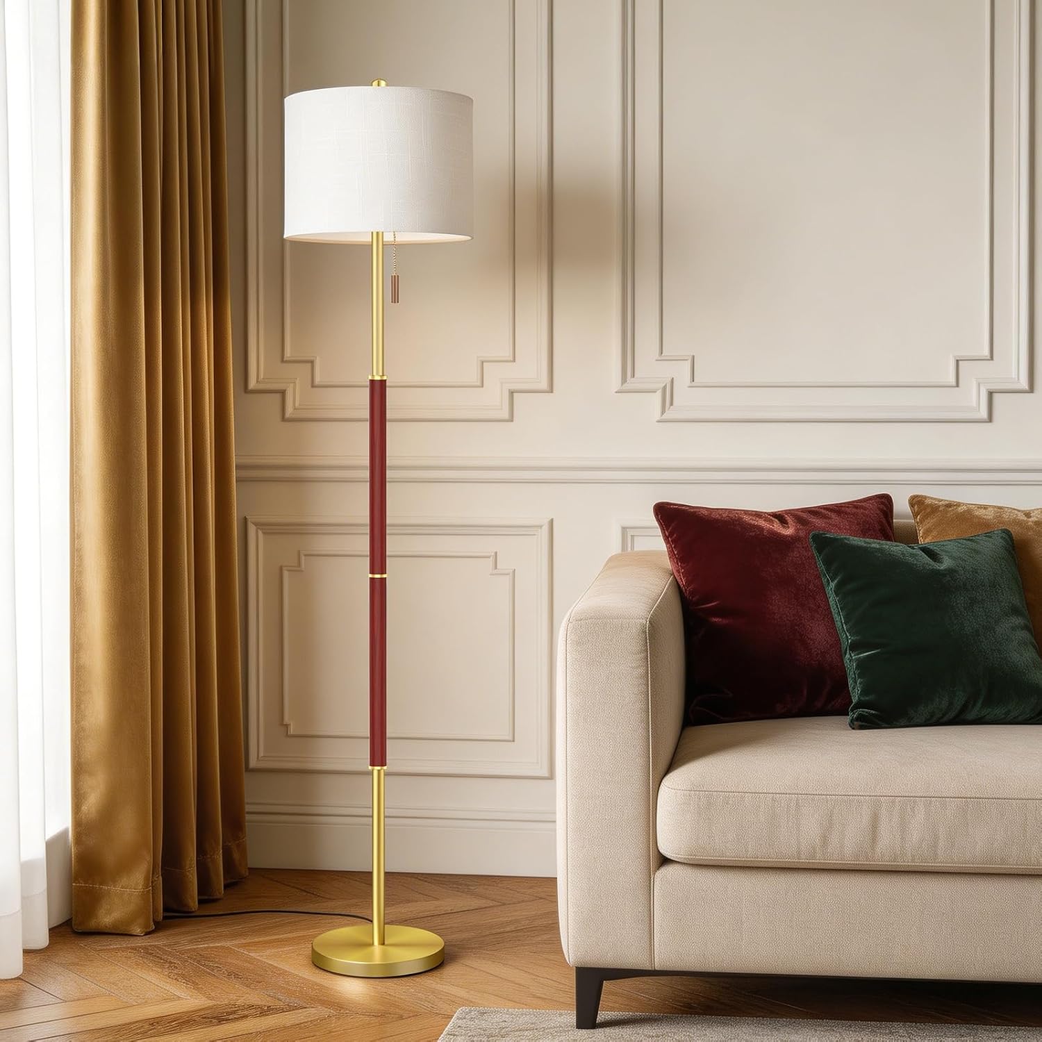 62" Mid Century Modern Floor Lamp, Natural Wood-Tone Standing Lamp with 3 Color Temperature & Pull Chain, Weighted Anti-Tip Base for Safety, Floor Lamps for Living Room Bedroom Corner (6500K Bulb)