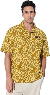 the souled store Lion King: Hakuna Vibes Men and Boys Short Sleeves Collared Neck Button Front Yellow All Over Printed Oversized Fit Cotton Holiday Shirts-picture-27