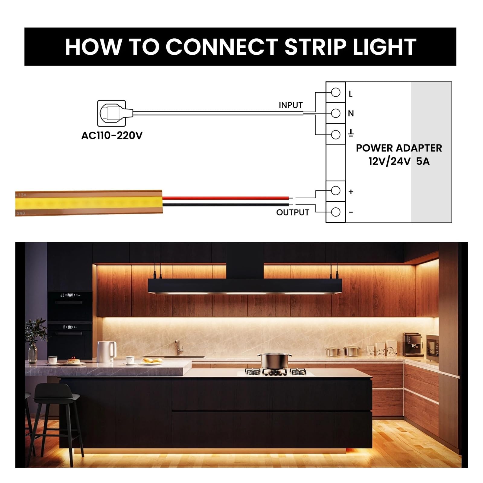 Striscia LED COB autoadesiva 24V ad alta densità tagliabile(White with DC,12m)
