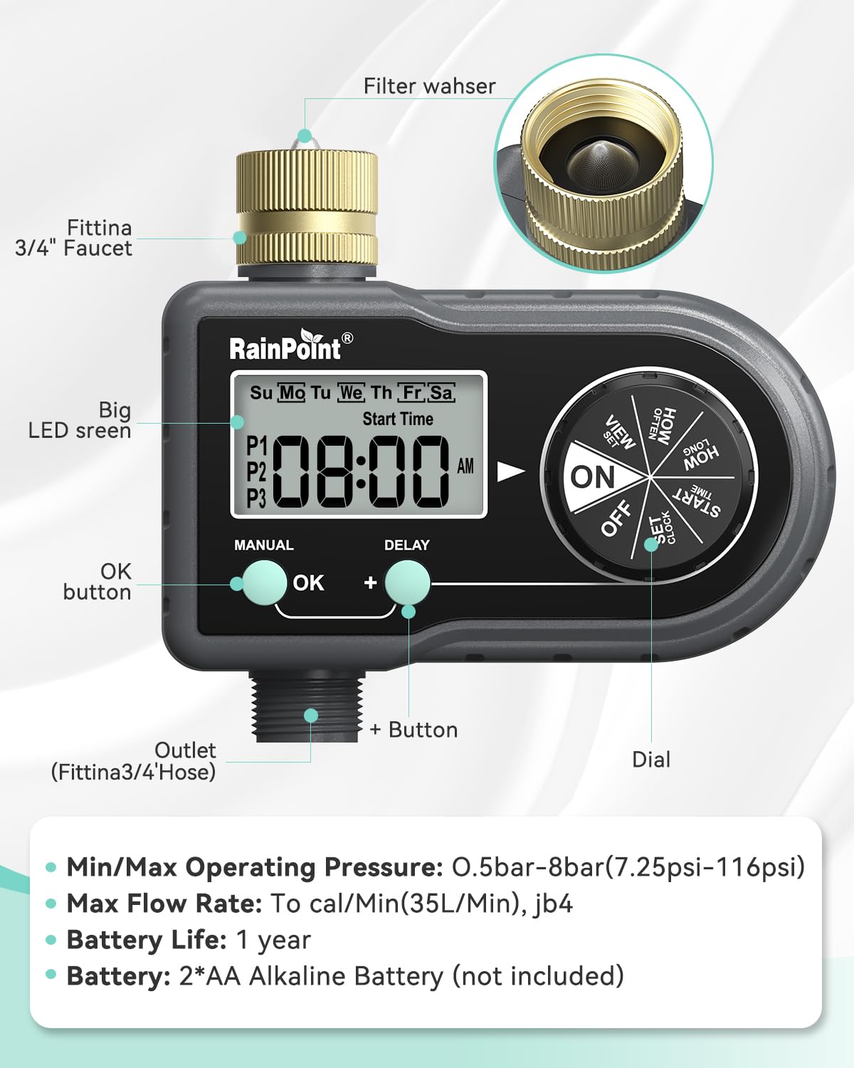 RAINPOINT Temporizador de aspersor con 3 programas individuales, temporizador de agua de entrada de latón para manguera de jardín, controlador de aspersor, sistema de riego automático/manual para
